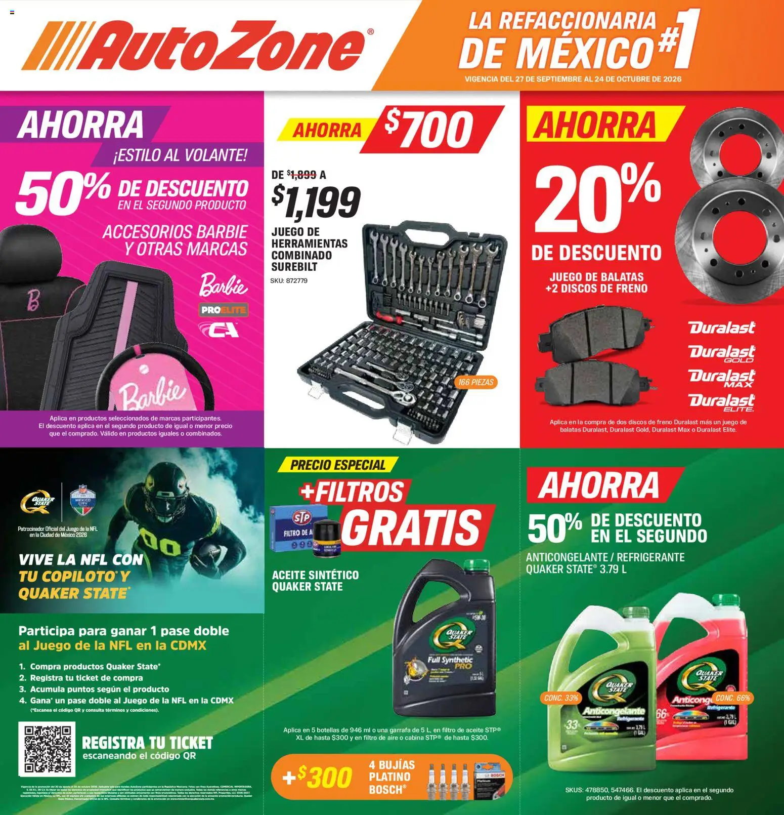 Nuevas ofertas de AutoZone válidas en toda la República Mexicana desde el 27/09/2026. ¡Encuentra las mejores ofertas en AutoZone catálogo! | Página: 1