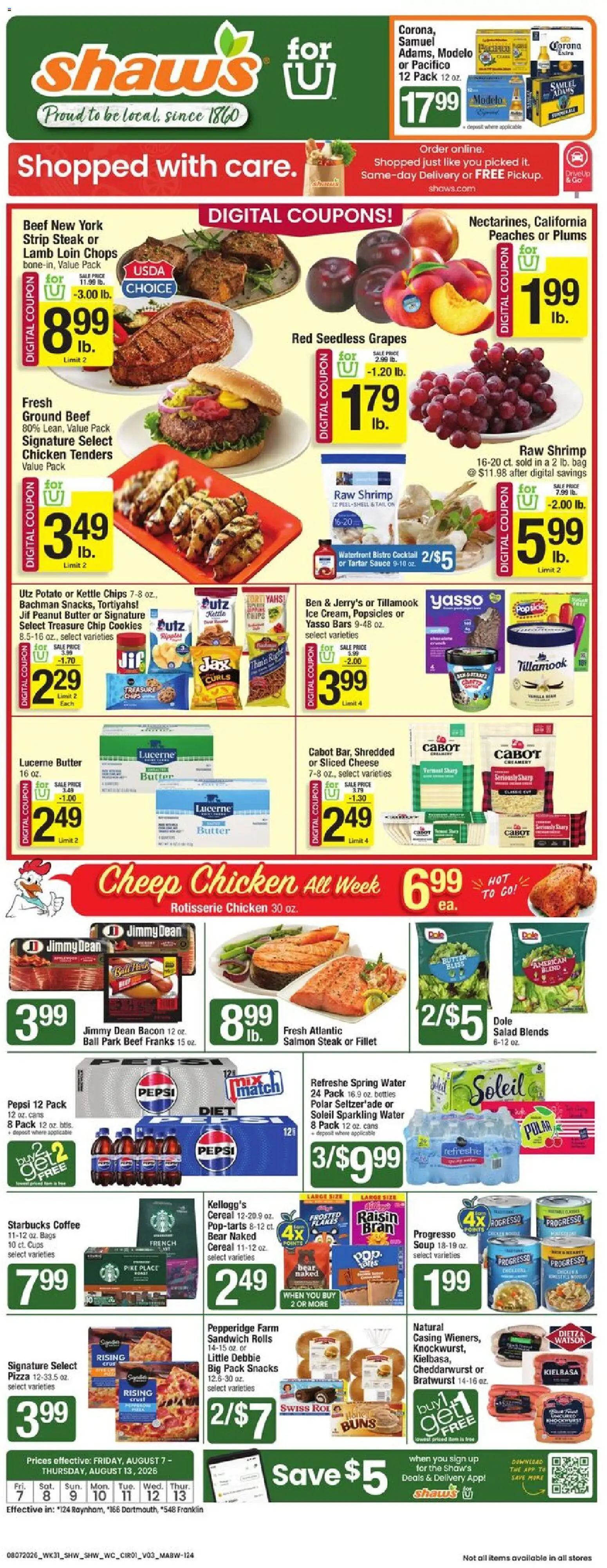 Shaw's Weekly Ad - MA - valid from 08/07/2026 | Page: 1 | Products: Pizza, Cookies, Grapes, Seedless grapes