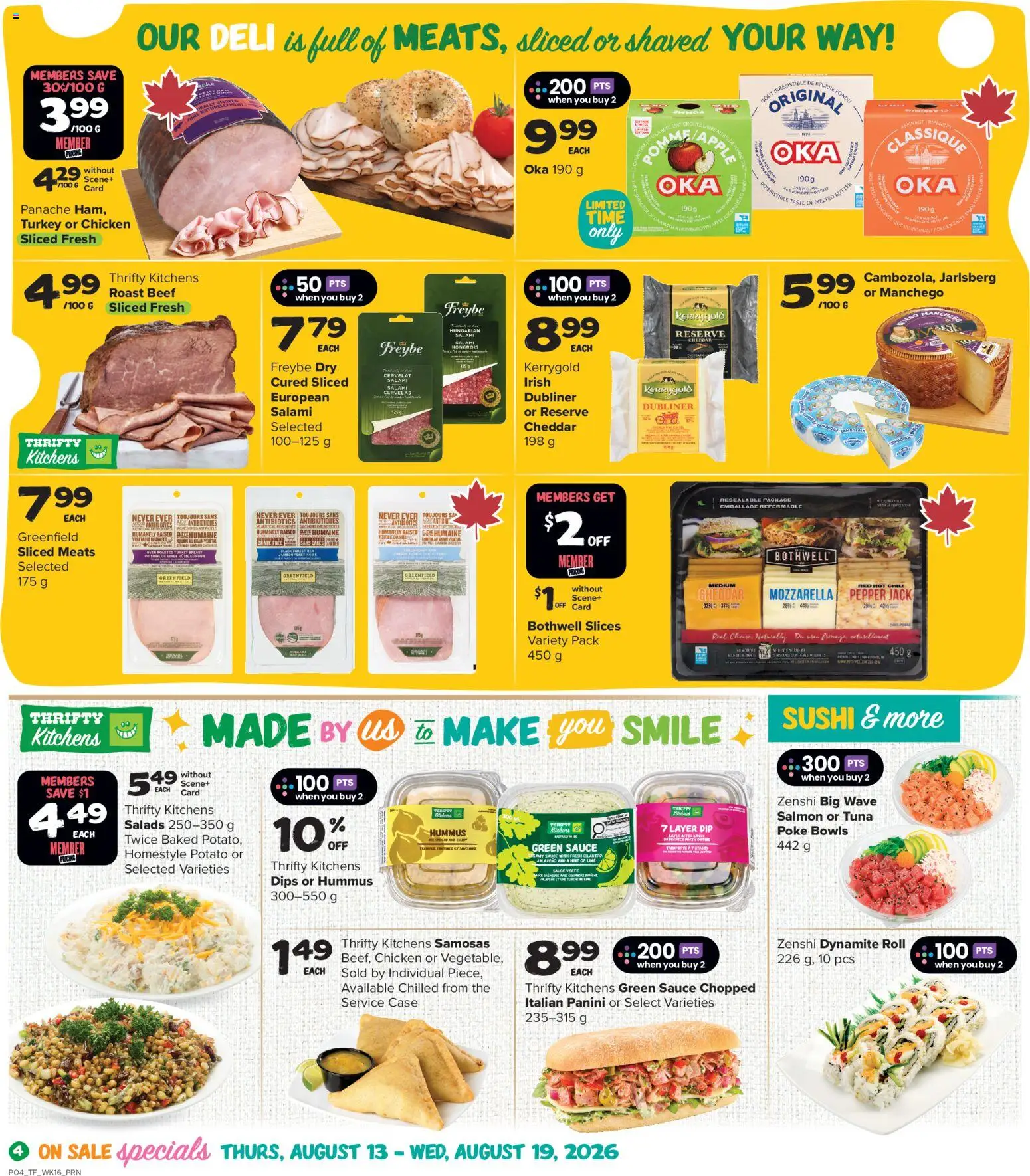 Thrifty Foods flyer valid from Aug 13, 2026 | Page: 5 | Products: Pepper, Roast, Sushi, Salami