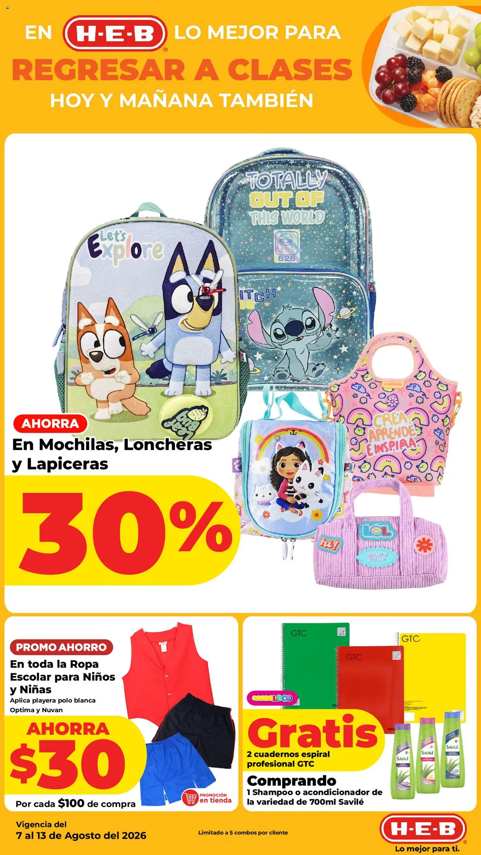 Nuevas ofertas de H-E-B válidas en toda la República Mexicana desde el 07/08/2026. ¡Encuentra las mejores ofertas en H-E-B folleto! | Página: 17 | Productos: Shampoo, Cuadernos, Ropa, Playera
