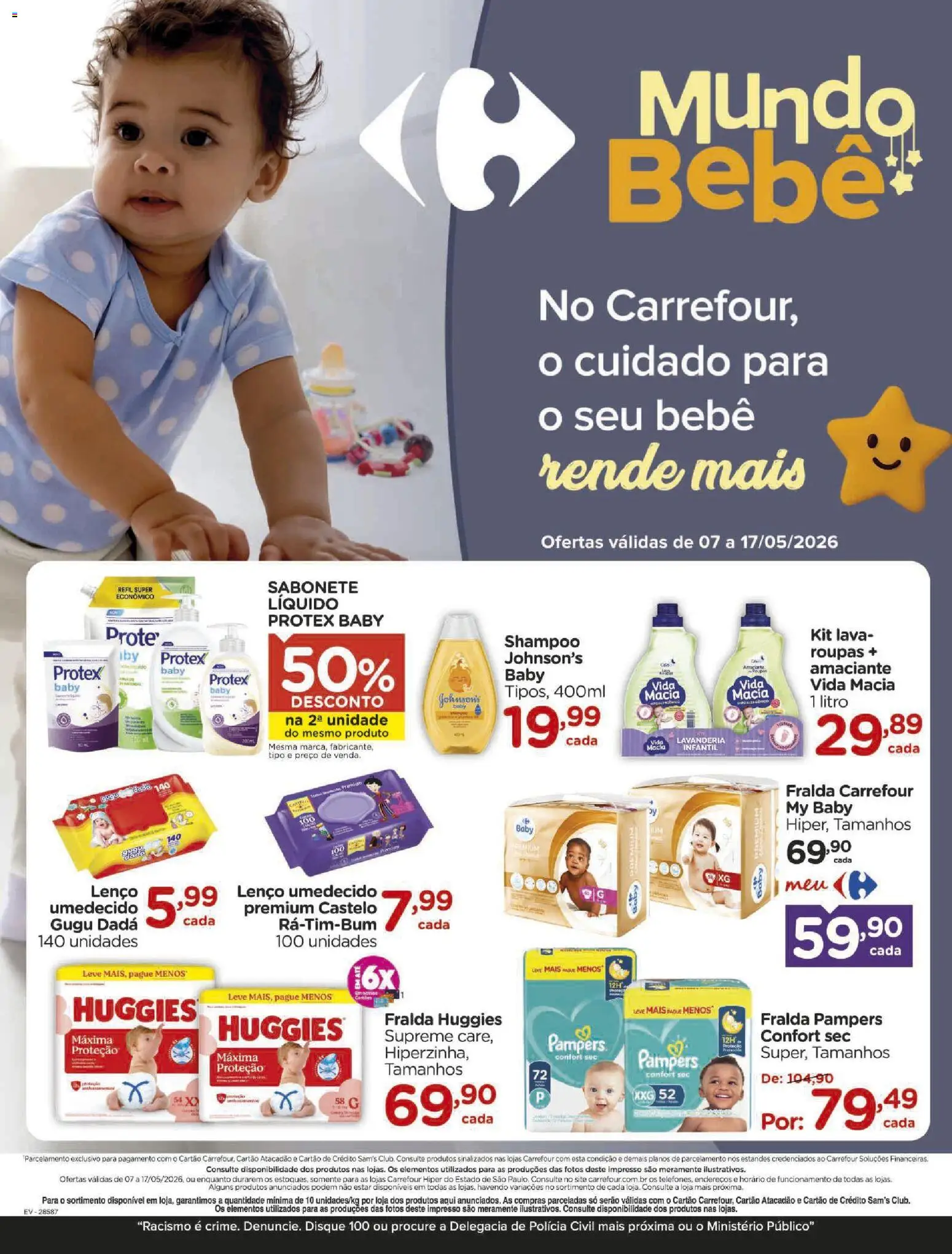 Carrefour Folheto - válido de 07.05.2026 | Página: 1 | Produtos: Fralda pampers, Lenço, Sabonete, Lenço umedecido