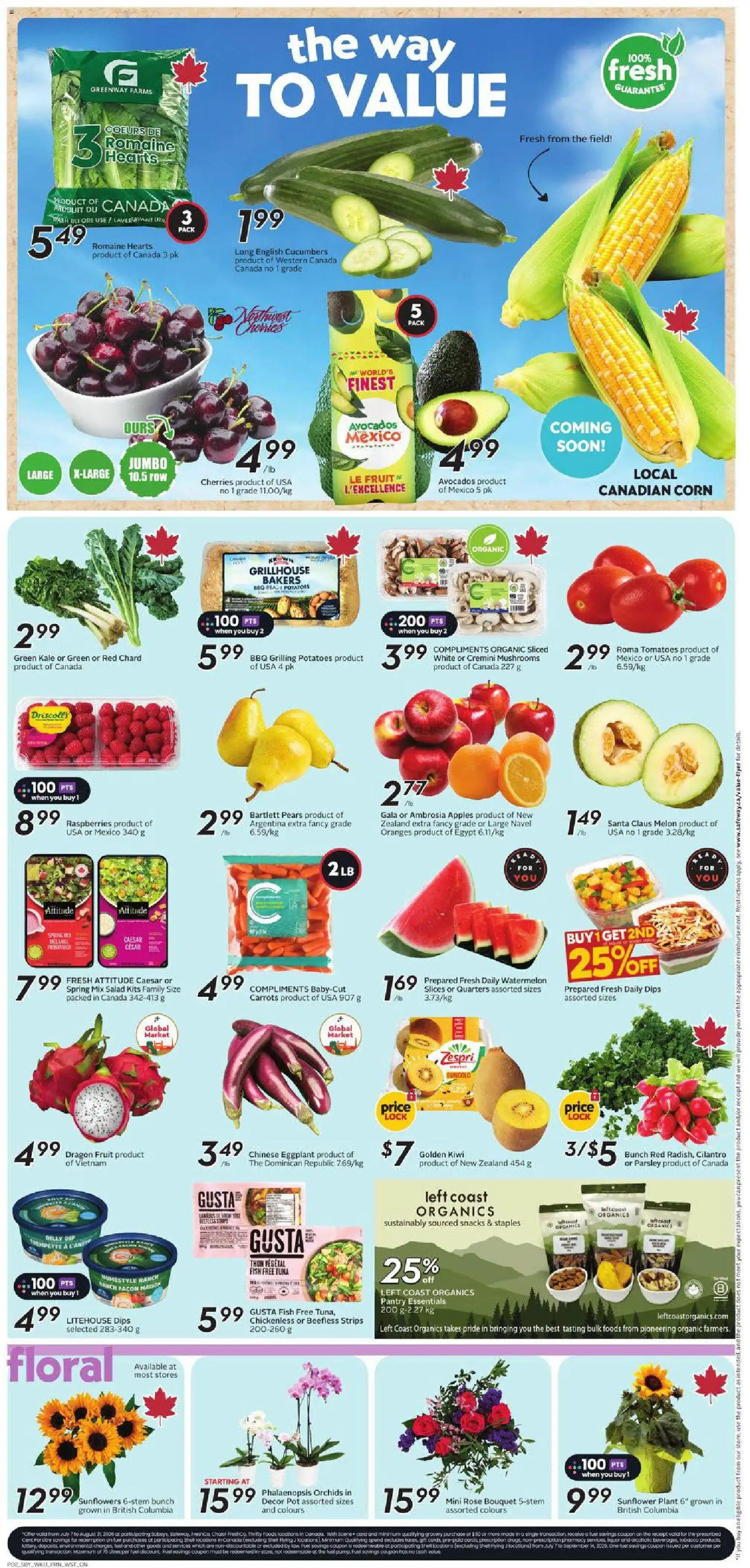 Safeway flyer valid from Jul 9, 2026 | Page: 5 | Products: Kiwi, Salad, Potatoes, Apples