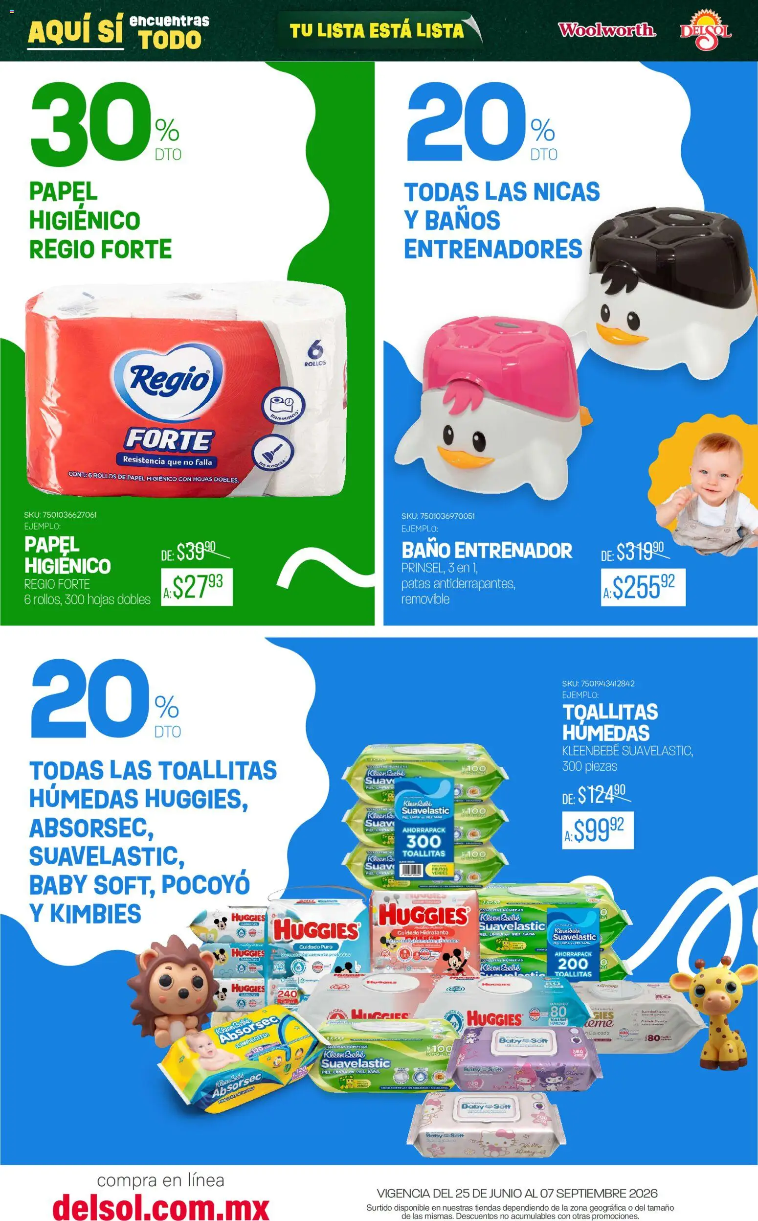 Nuevas ofertas de Del Sol y Woolworth válidas en toda la República Mexicana desde el 25/06/2026. ¡Encuentra las mejores ofertas en Del Sol y Woolworth catálogo Back To School! | Página: 80 | Productos: Toallitas húmedas, Papel higiénico, Baño