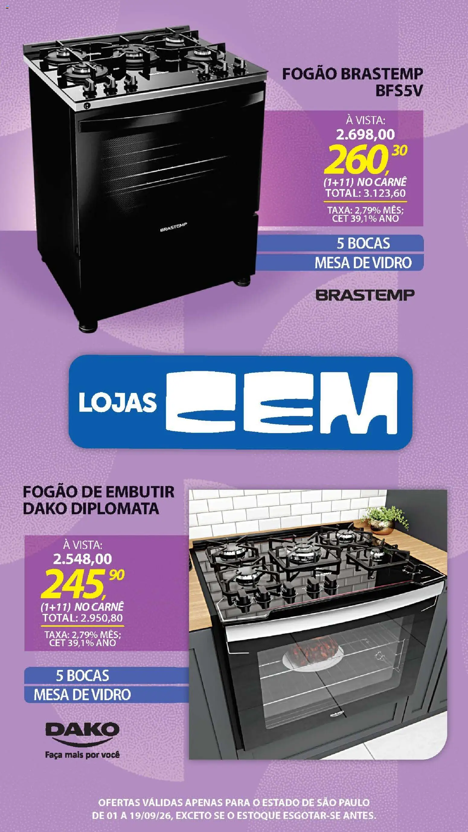 Lojas Cem Folheto - válido de 01/09/2026 | Página: 55 | Produtos: Fogão, Mesa, Faca, Carne