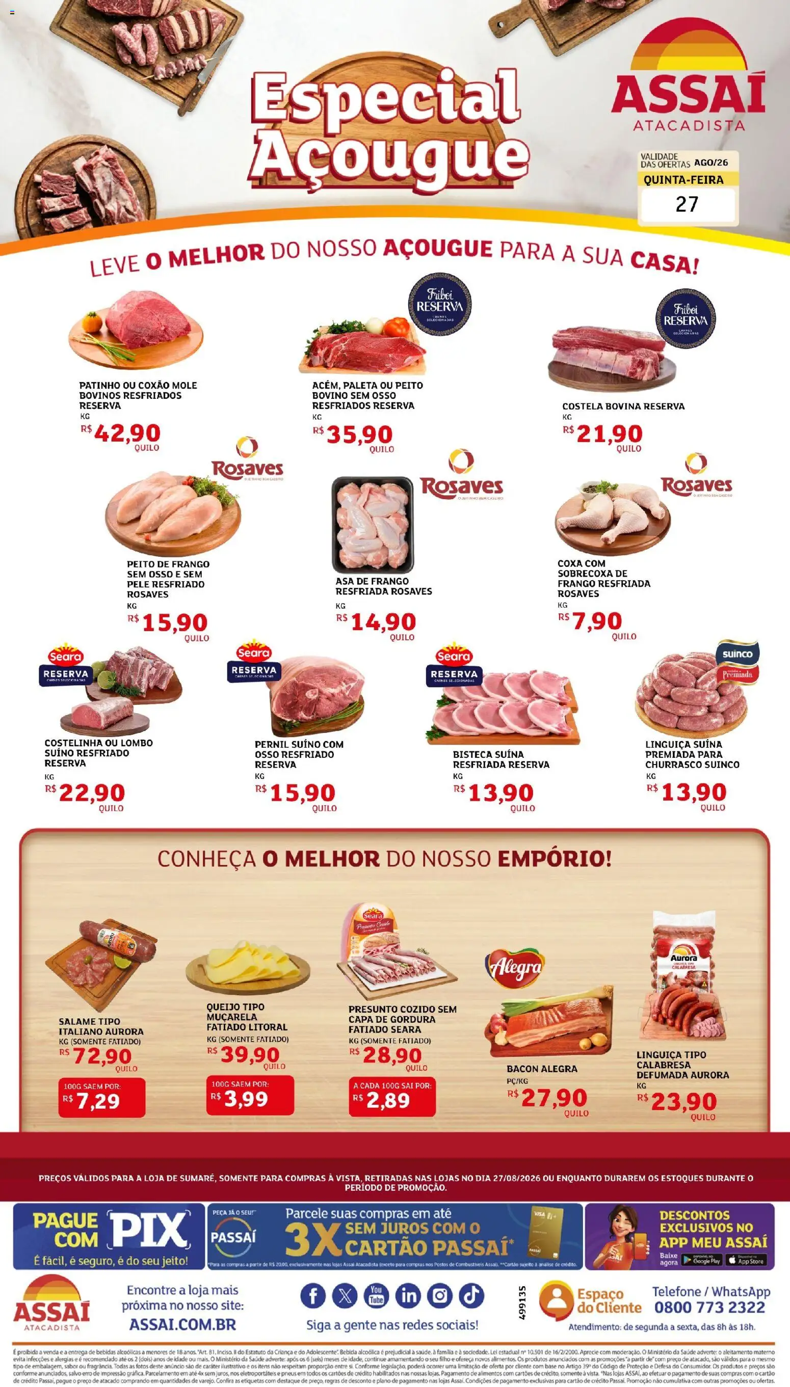 Assaí Atacadista Folheto - válido de 27/08/2026 | Página: 1 | Produtos: Salame, Presunto, Base, Bacon