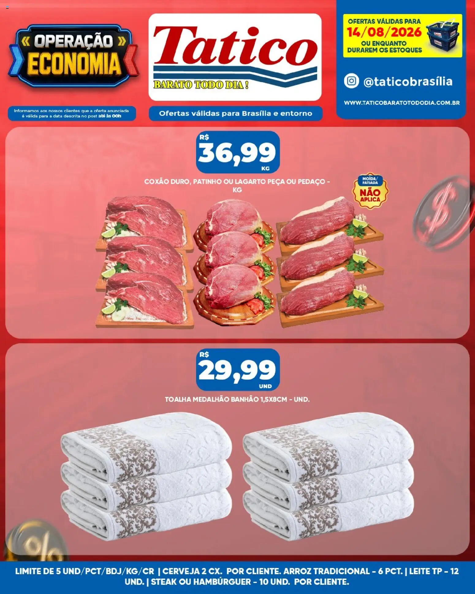 Tatico Folheto - válido de 14/08/2026 | Página: 13 | Produtos: Steak, Leite, Arroz, Hambúrguer