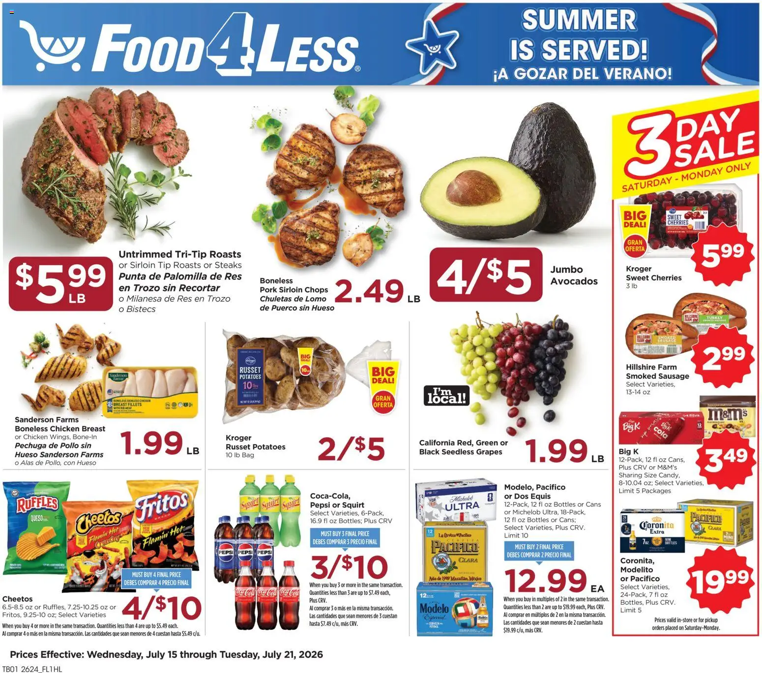 Food 4 Less Weekly Ad - valid from 07/15/2026 | Page: 1 | Products: Cherries, Pork, Potatoes, Grapes