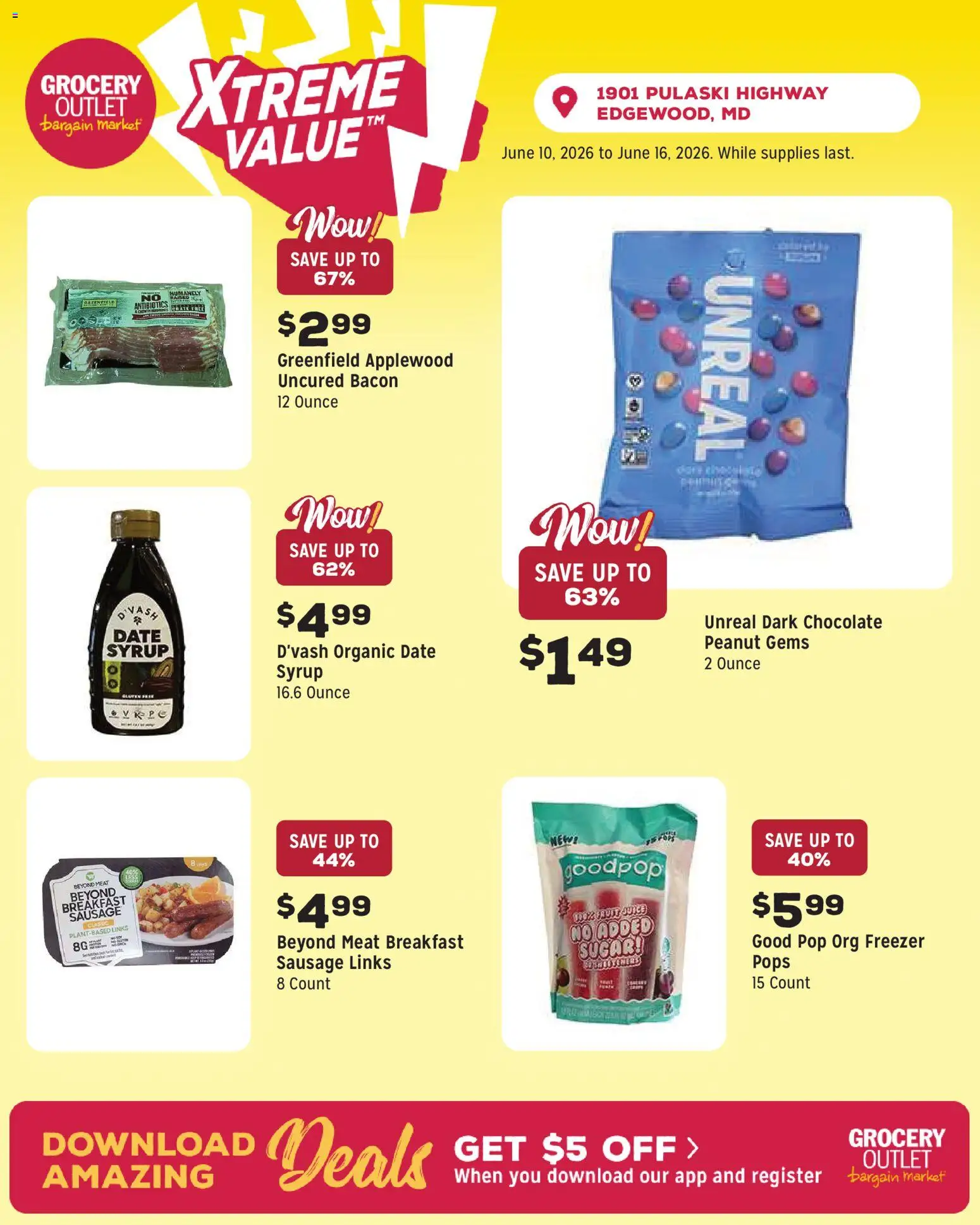 Grocery Outlet Weekly Ad - MD - valid from 10.06.2026 | Page: 5 | Products: Chocolate, Sugar, Sausage, Date