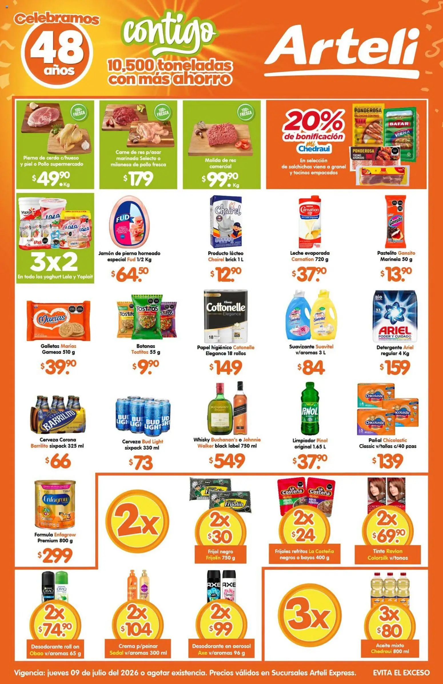 Nuevas ofertas de Arteli válidas en toda la República Mexicana desde el 09/07/2026. ¡Encuentra las mejores ofertas en Arteli folleto Express! | Página: 1 | Productos: Leche, Aceite, Res, Papel higiénico