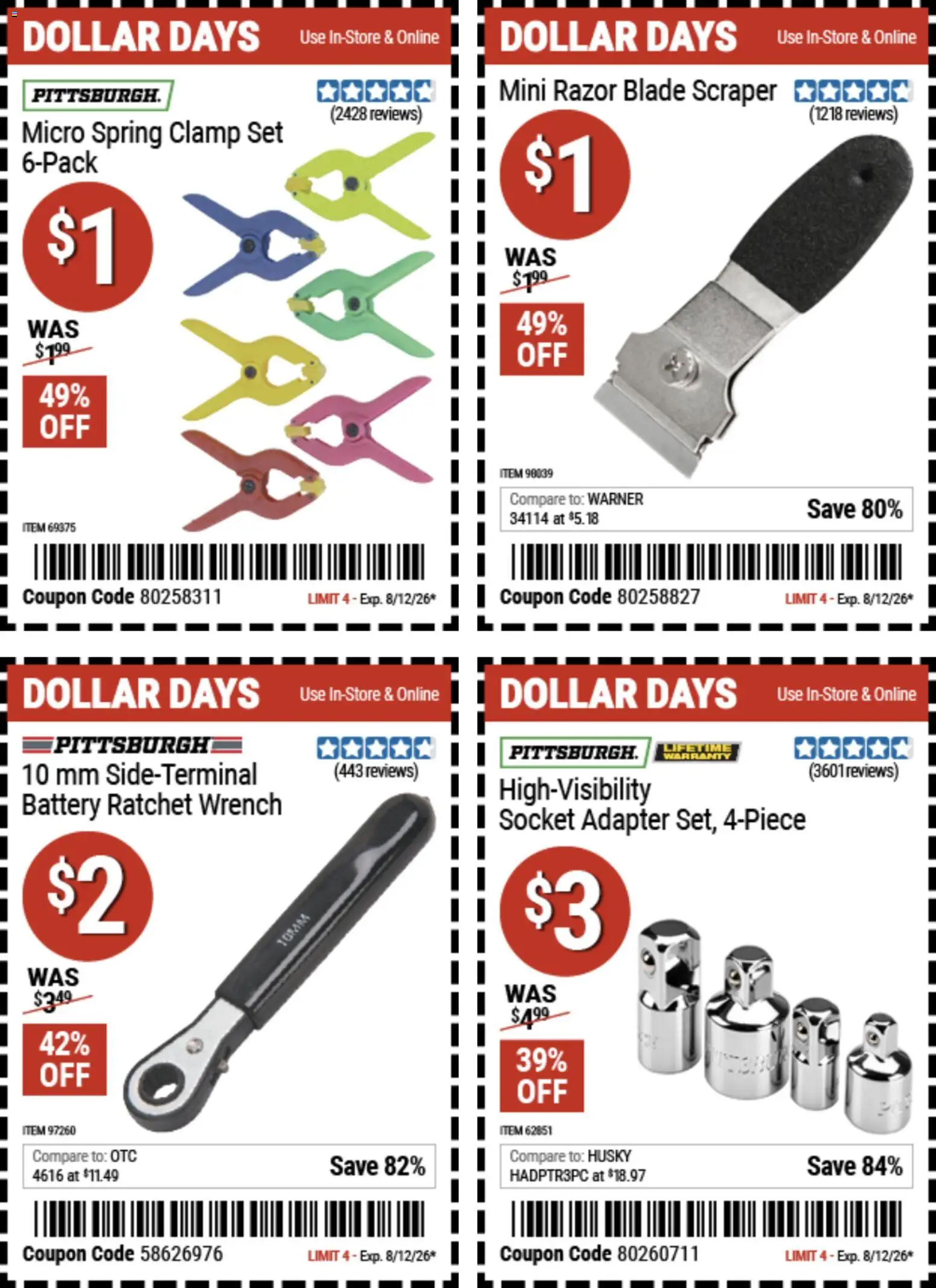 Harbor Freight Dollar Days - valid from 07/30/2026 | Page: 4 | Products: Clamp, Wrench, Battery, Ratchet