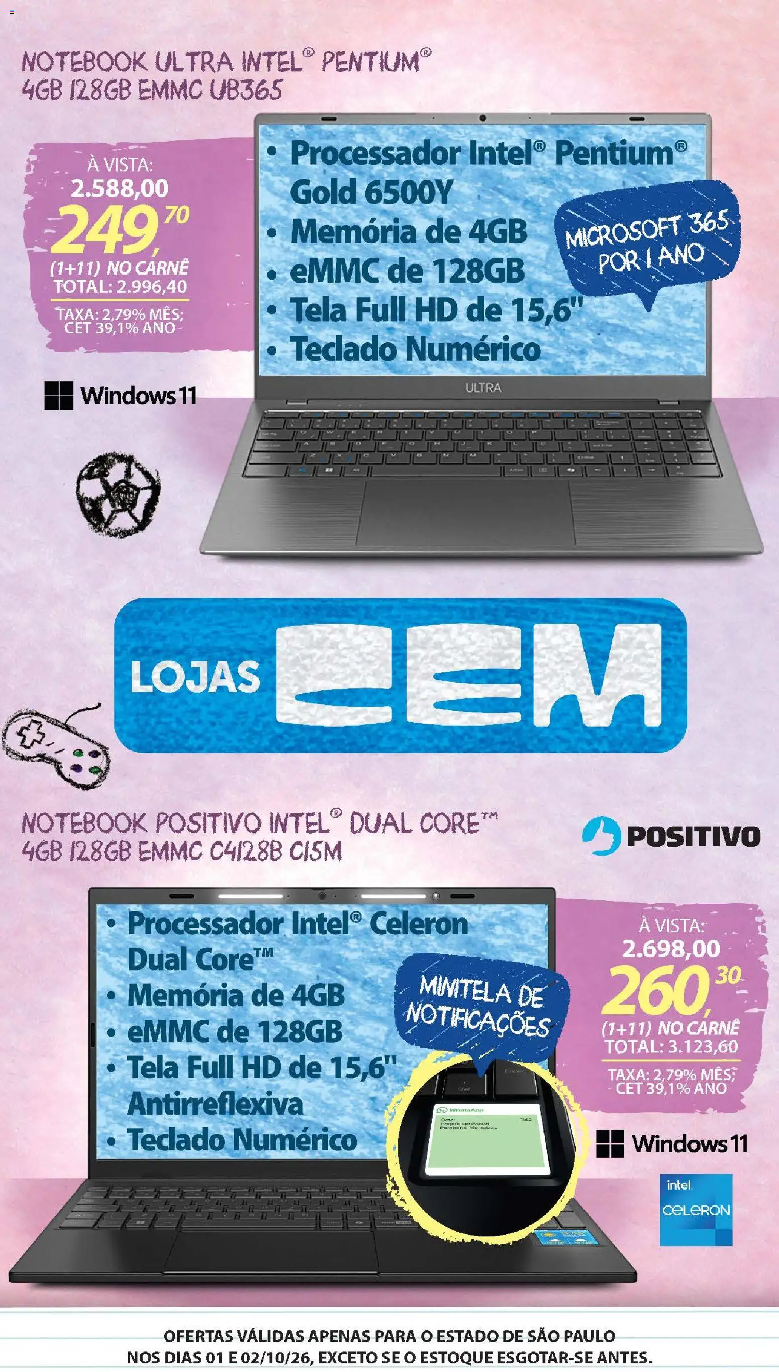 Lojas Cem Folheto - válido de 01/10/2026 | Página: 39 | Produtos: Notebook, Processador, Carne, Teclado