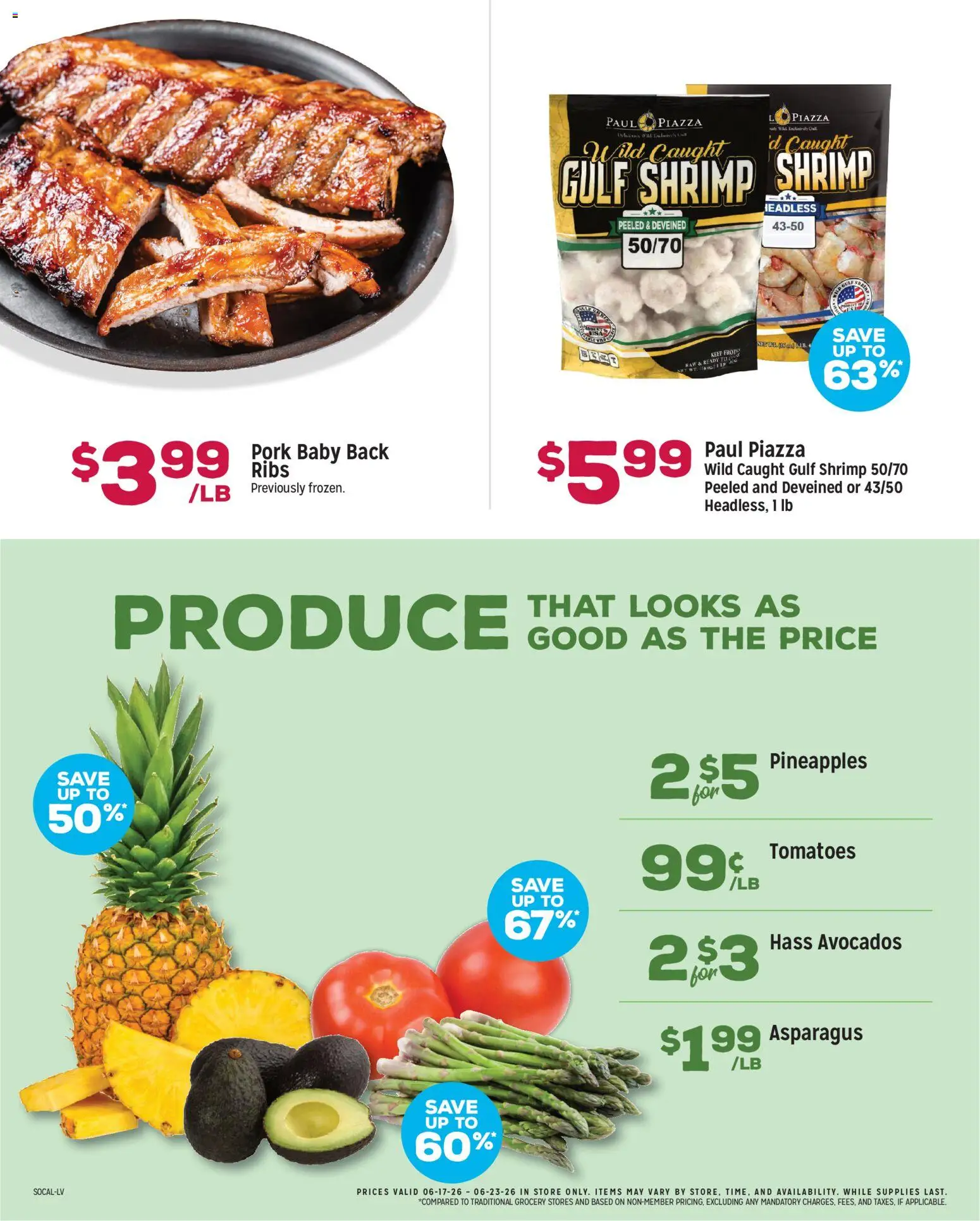 Grocery Outlet Weekly Ad - CA - valid from 17.06.2026 | Page: 2 | Products: Asparagus, Pork, Tomatoes