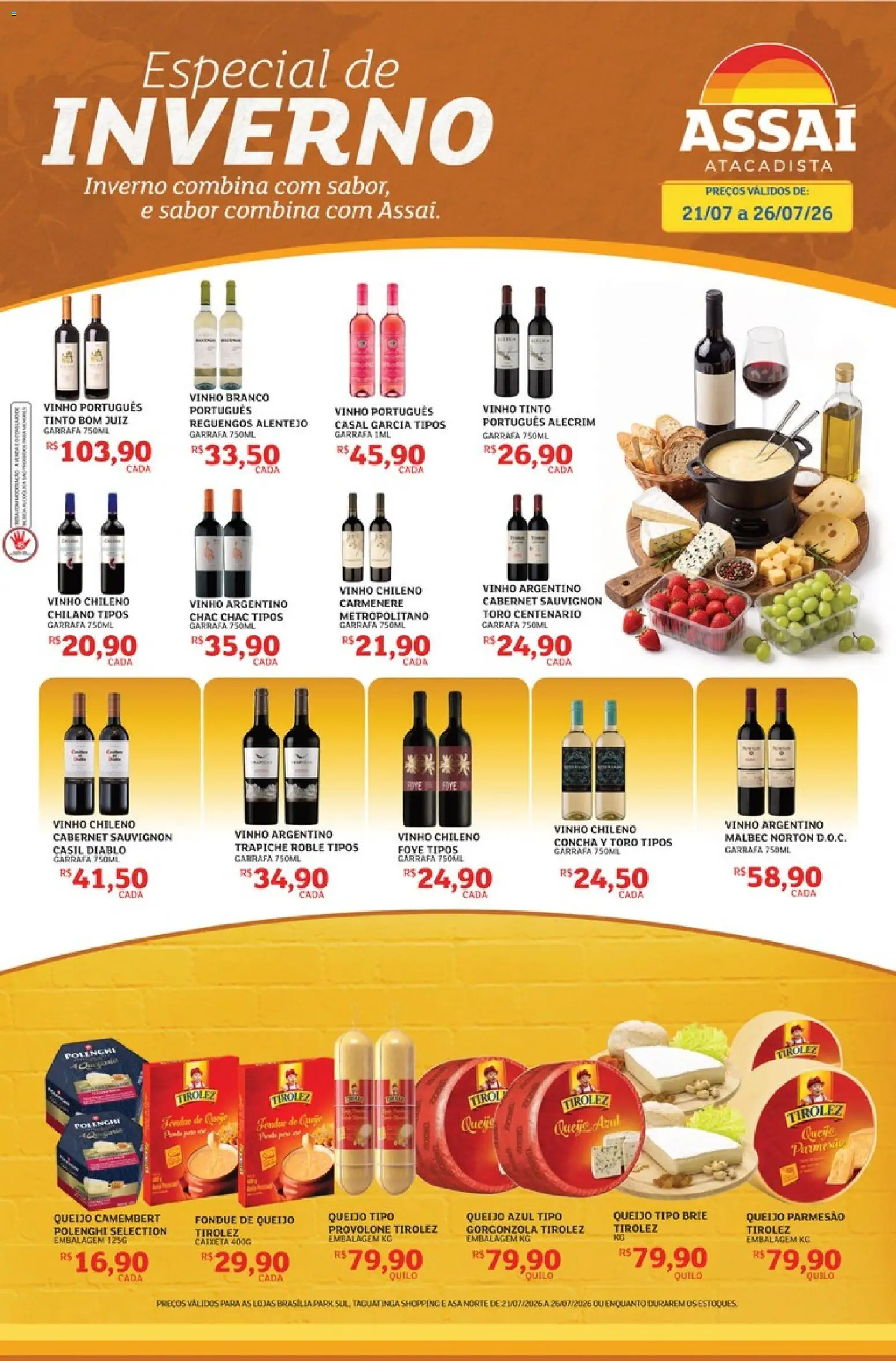 Assaí Atacadista Folheto - válido de 21/07/2026 | Página: 1 | Produtos: Vinho, Provolone, Brie, Queijo parmesão
