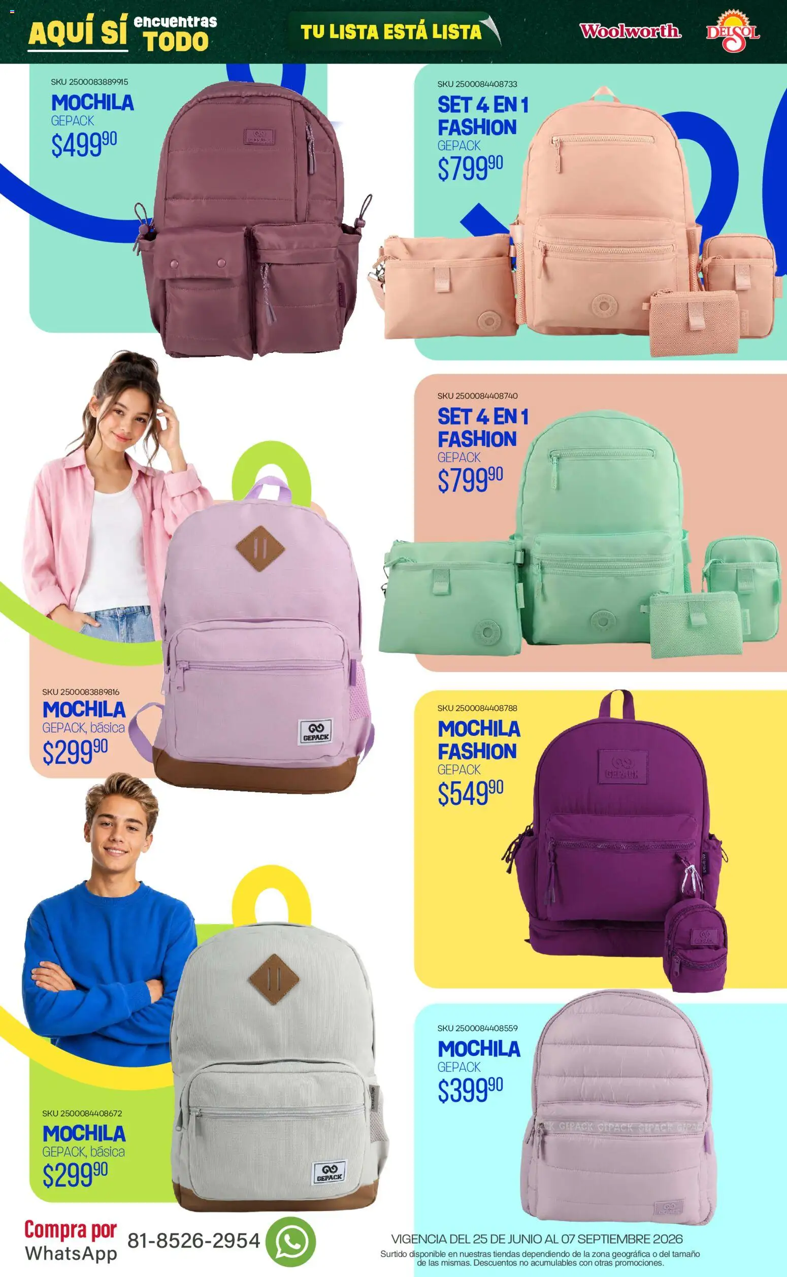 Nuevas ofertas de Del Sol y Woolworth válidas en toda la República Mexicana desde el 25/06/2026. ¡Encuentra las mejores ofertas en Del Sol y Woolworth catálogo Back To School! | Página: 55 | Productos: Mochila