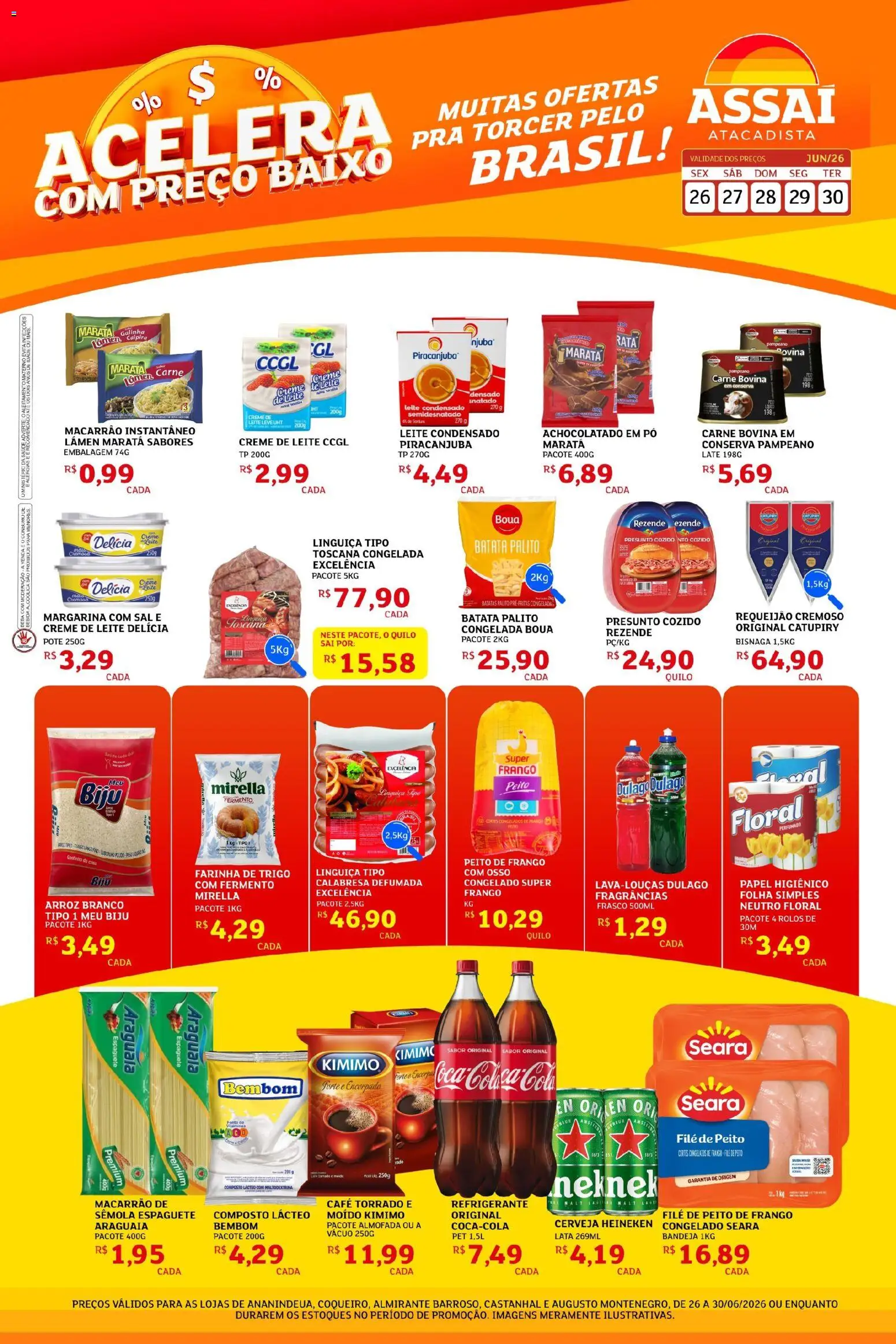 Assaí Atacadista Folheto - válido de 26/06/2026 | Página: 1 | Produtos: Linguiça, Presunto, Carne, Heineken