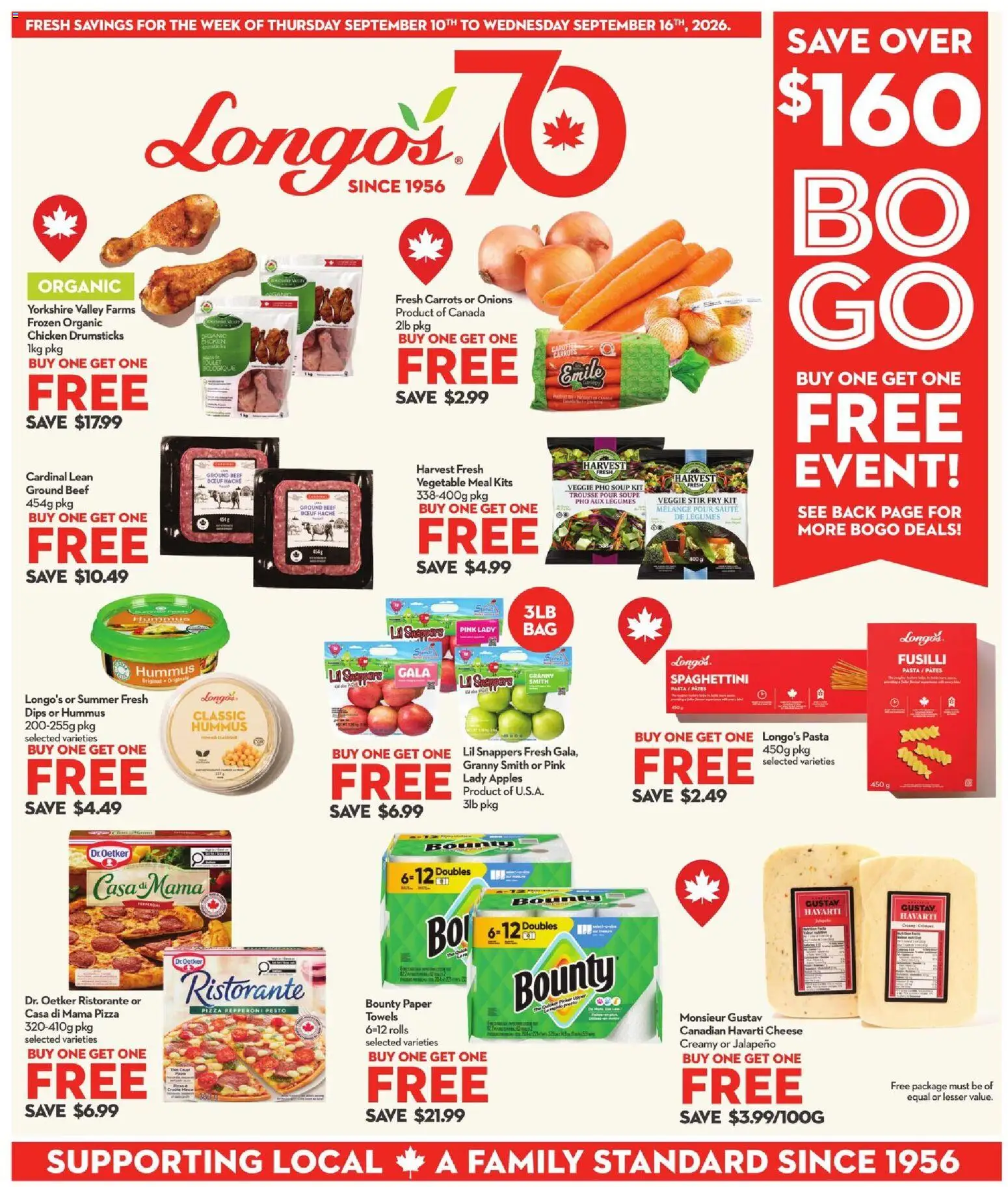 Longo's flyer valid from Sep 10, 2026 | Page: 1 | Products: Carrots, Pesto, Towels, Legumes