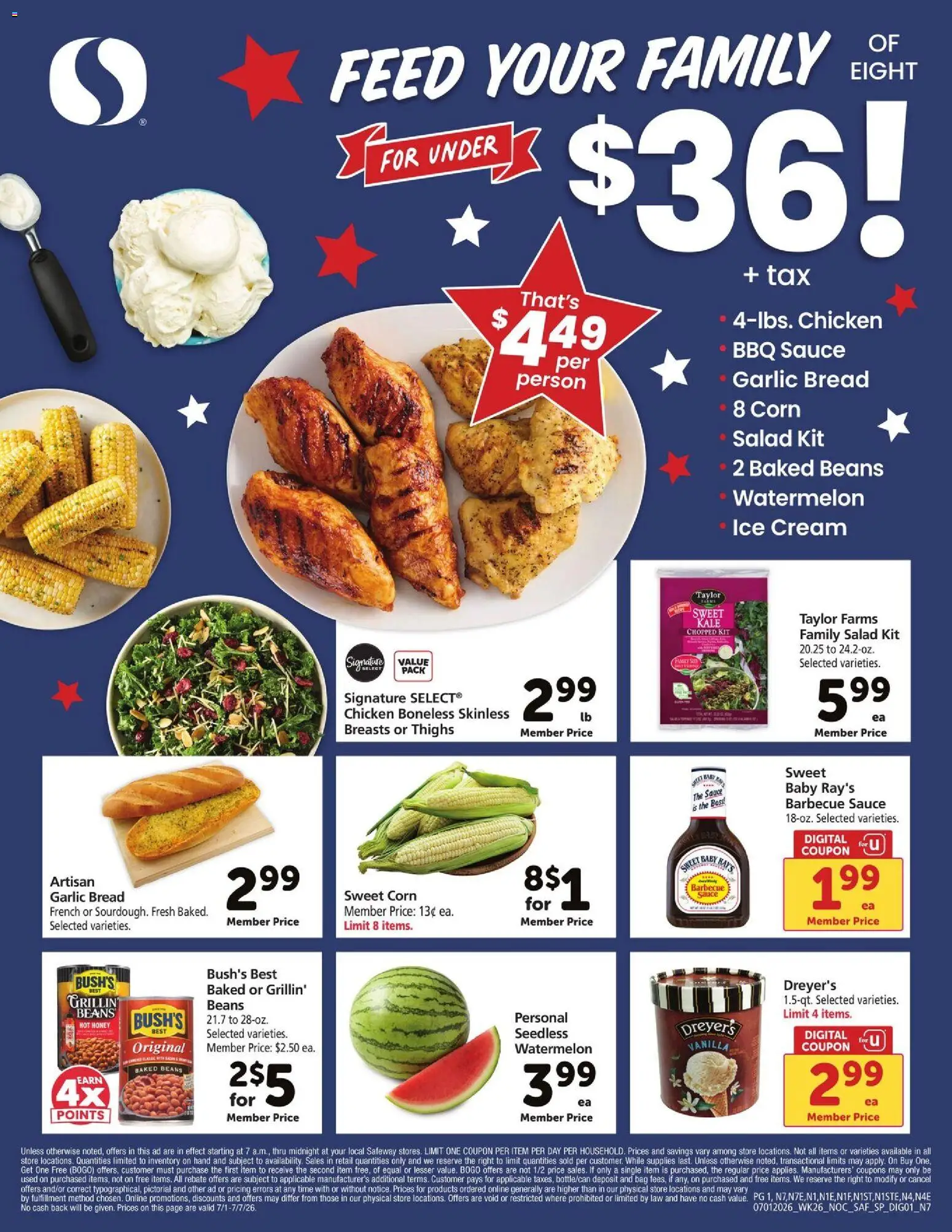 Safeway Ad - valid from 07/01/2026 | Page: 1 | Products: Corn, Bread, Cream, Bag