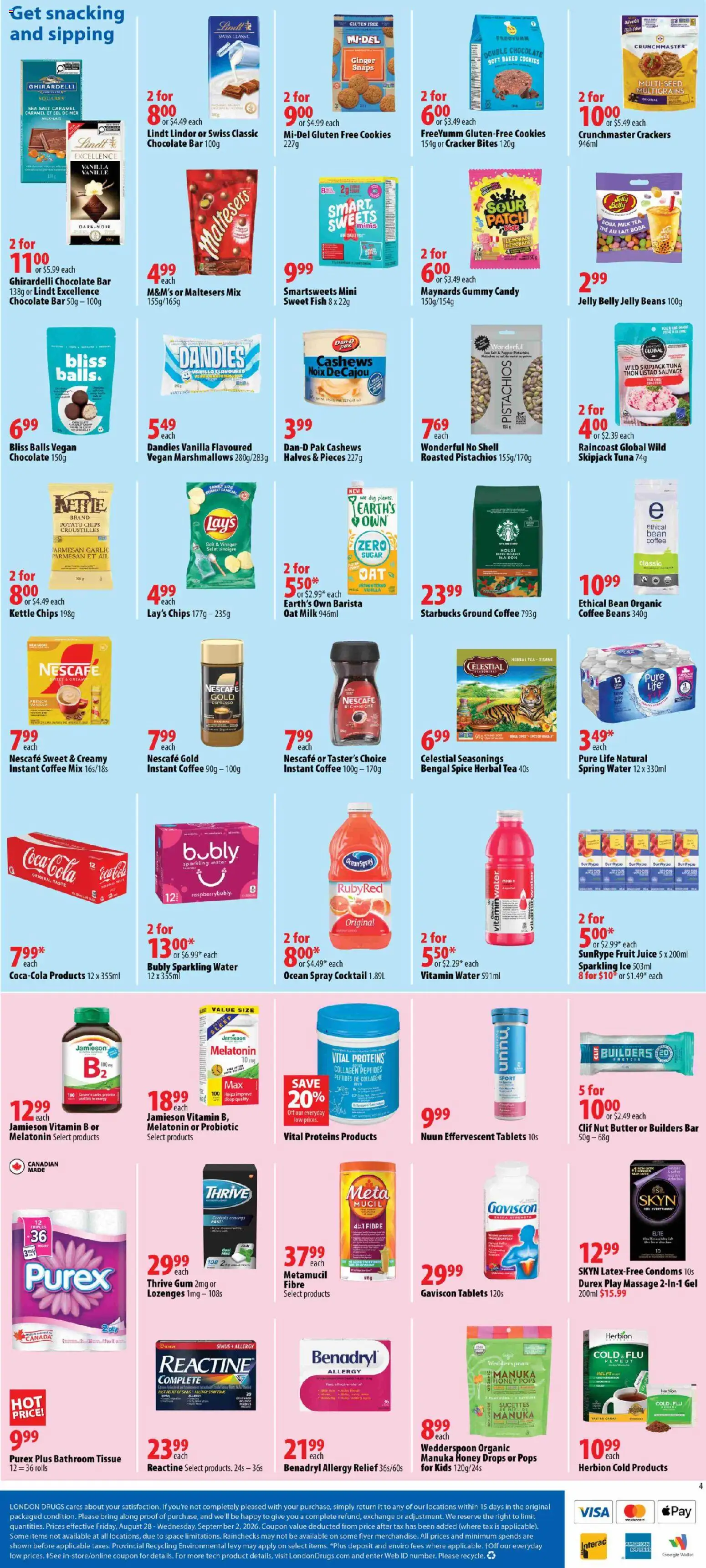 London Drugs flyer valid from Aug 28, 2026 | Page: 5 | Products: Wallet, Water, Vinegar, Coffee