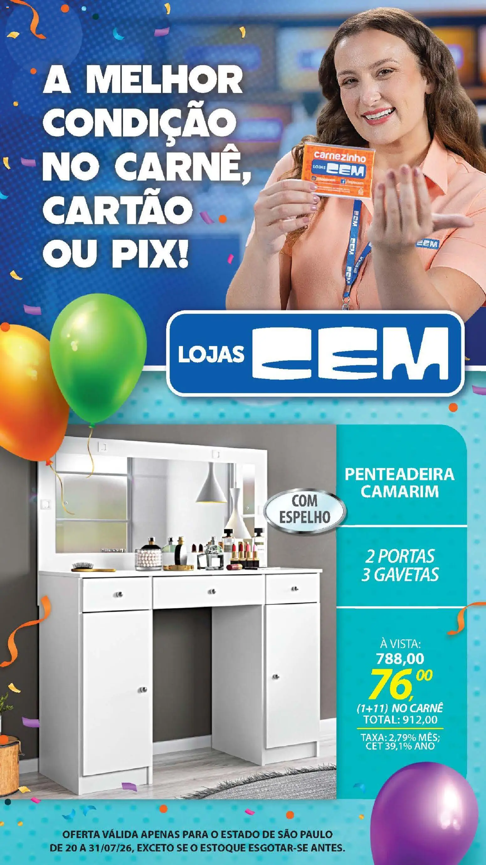 Lojas Cem Folheto - válido de 20/07/2026 | Página: 108 | Produtos: Penteadeira, Espelho, Carne