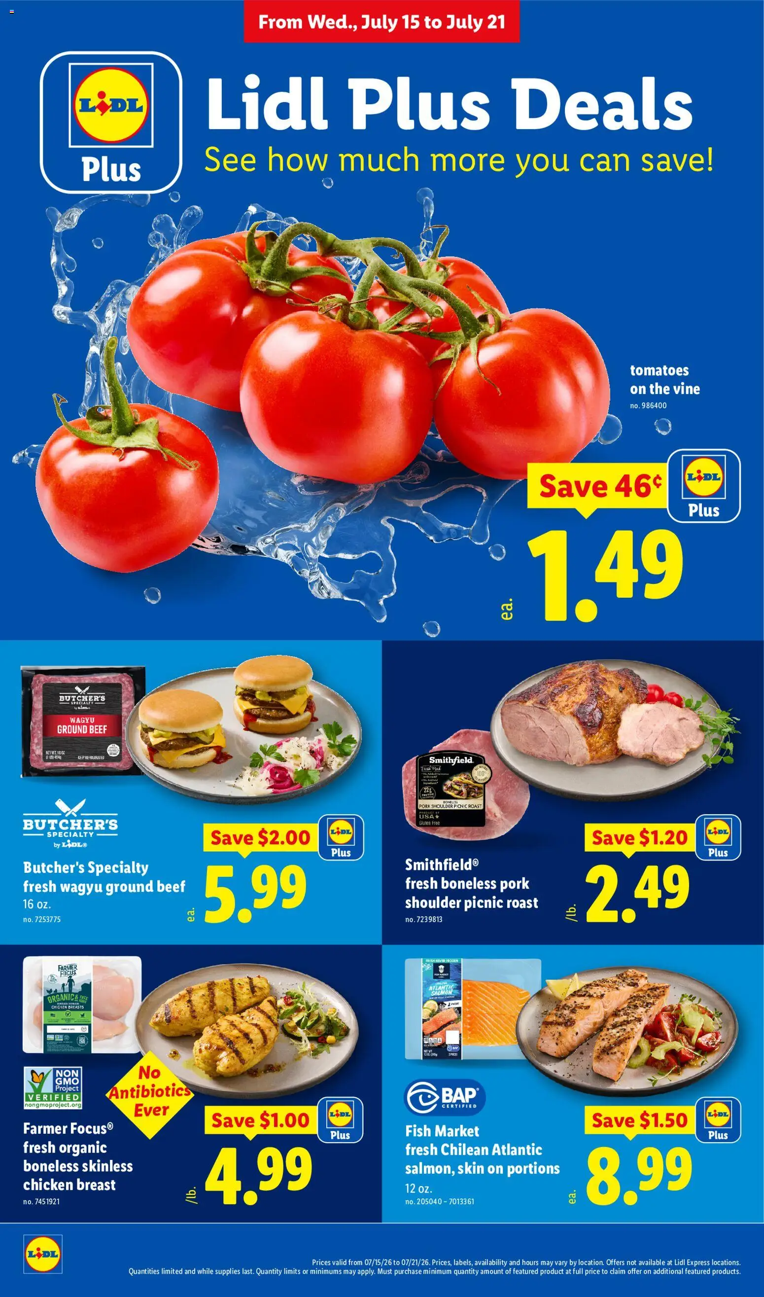 Lidl Weekly Ad - valid from 07/15/2026 | Page: 4 | Products: Pork, Tomatoes, Fish, Beef
