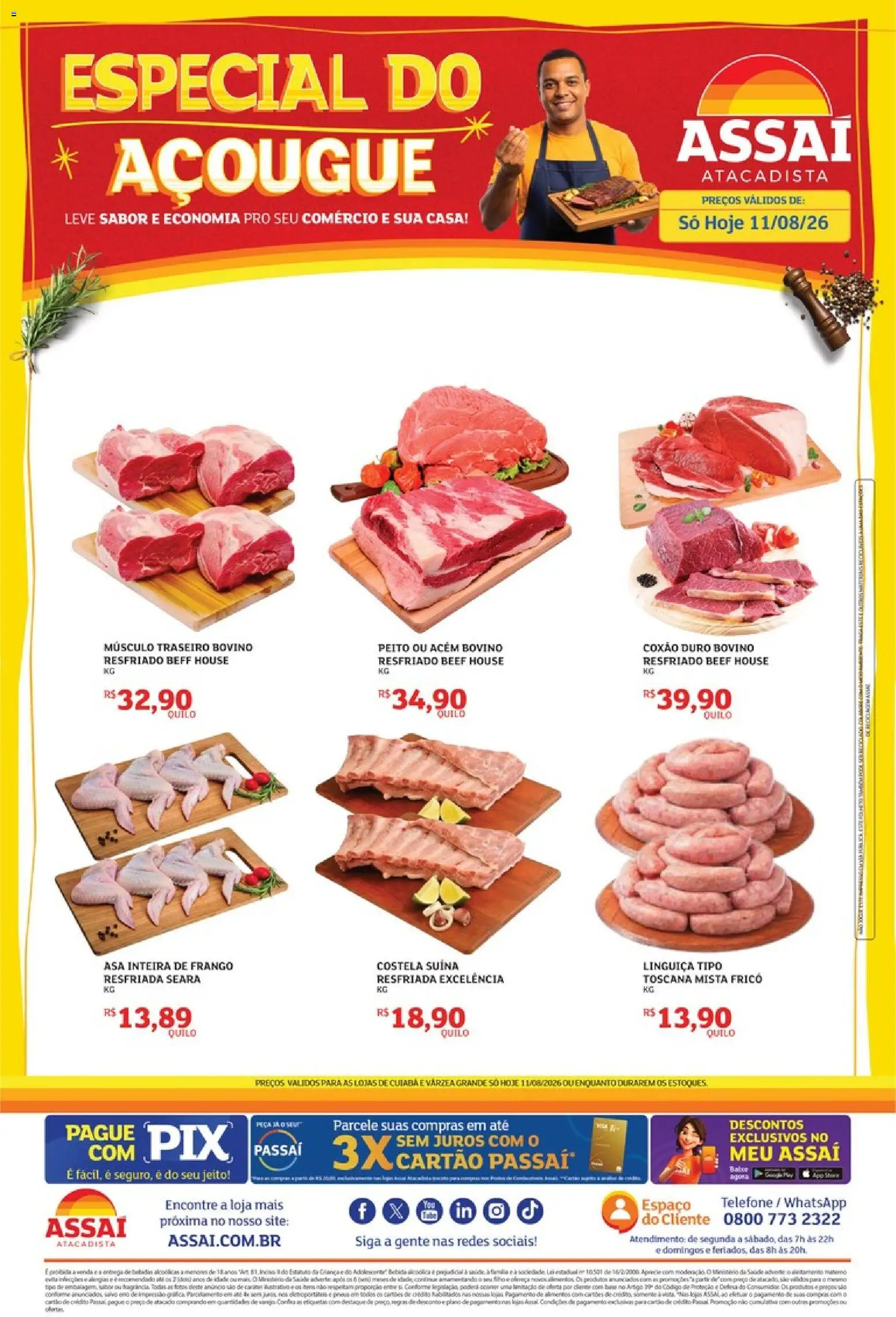 Assaí Atacadista Folheto - válido de 11/08/2026 | Página: 1 | Produtos: Coxão duro, Linguiça, Telefone, Frango