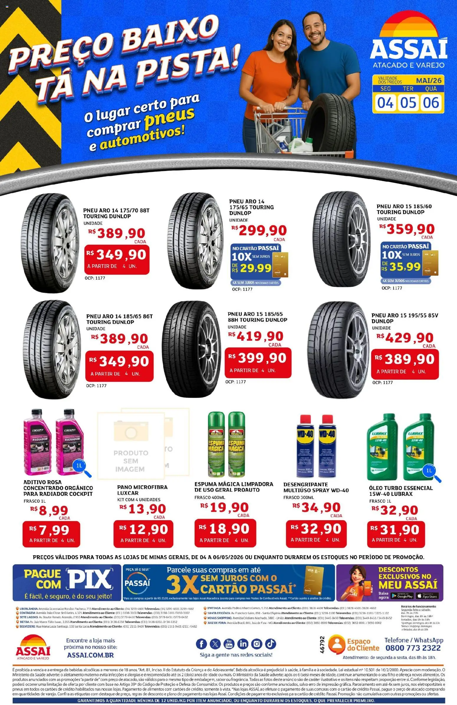 Assaí Atacadista Folheto - válido de 04.05.2026 | Página: 1 | Produtos: Pneu, Base, Bebida, Telefone