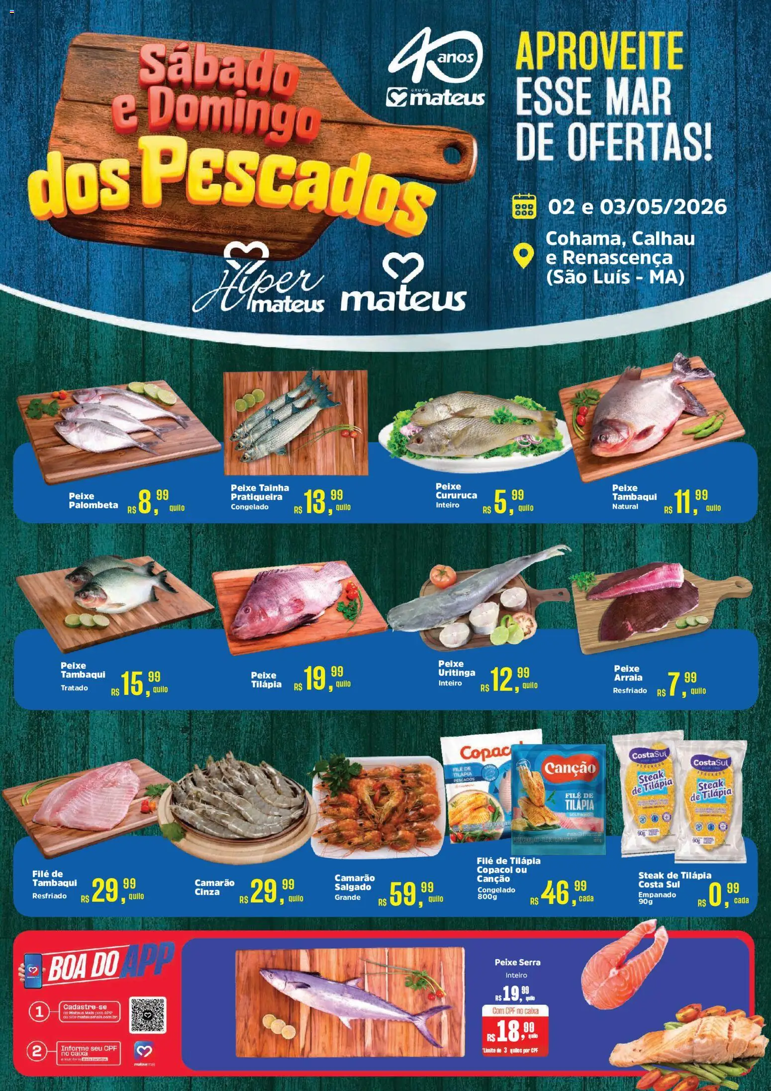 Mateus Folheto - válido de 02.05.2026 | Página: 1 | Produtos: Caixa, Tilápia, Peixe, Filé de tilápia