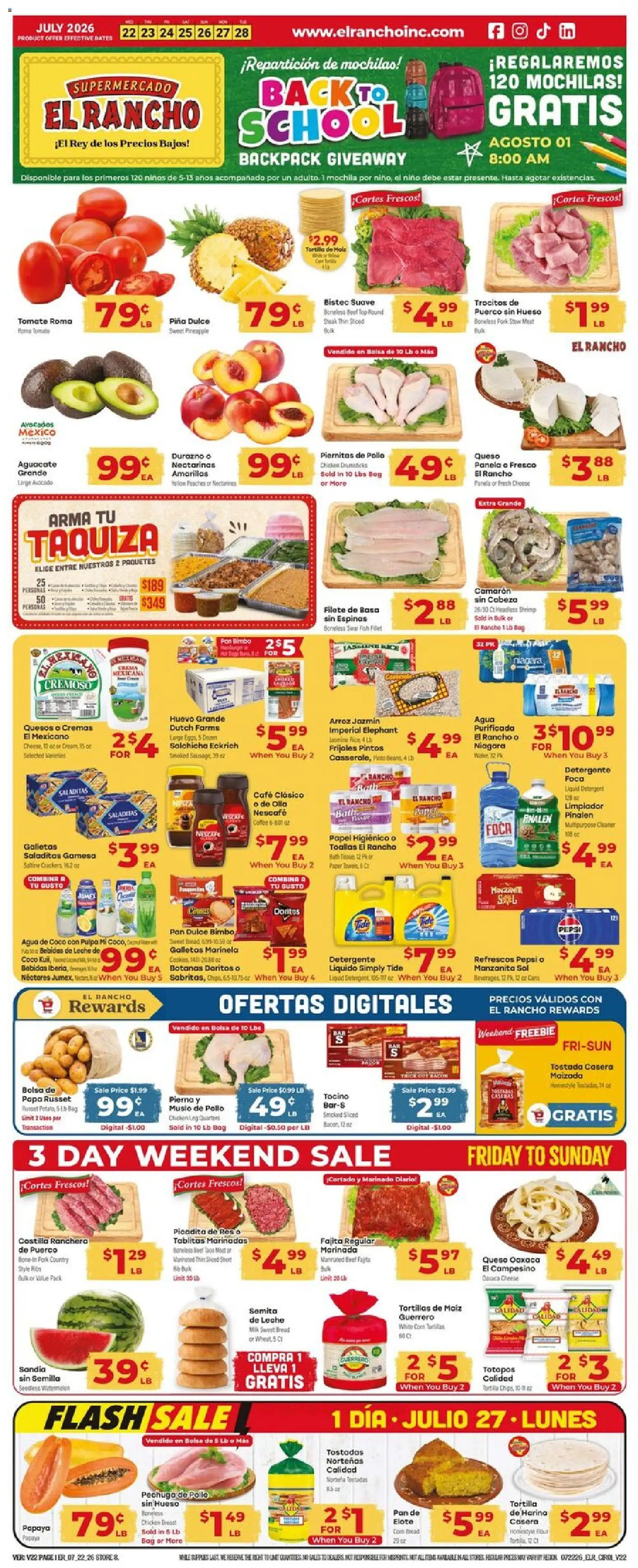 El Rancho Weekly Ad - valid from 07/22/2026 | Page: 1 | Products: Milk, Bread, Fish, Bag