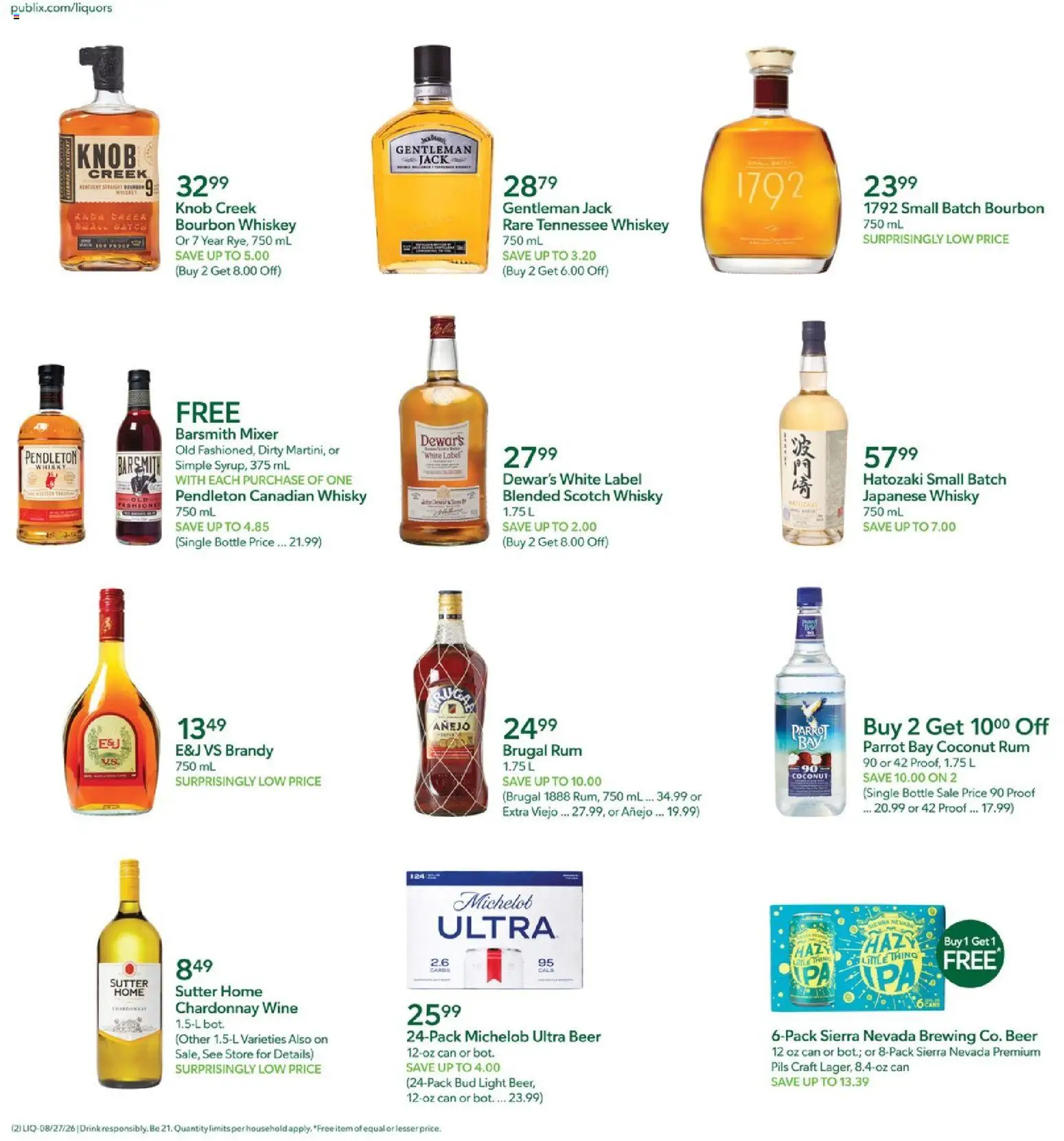 Publix Liquor Ad - valid from 08/27/2026 | Page: 2 | Products: Brandy, Wine, Beer, Whiskey