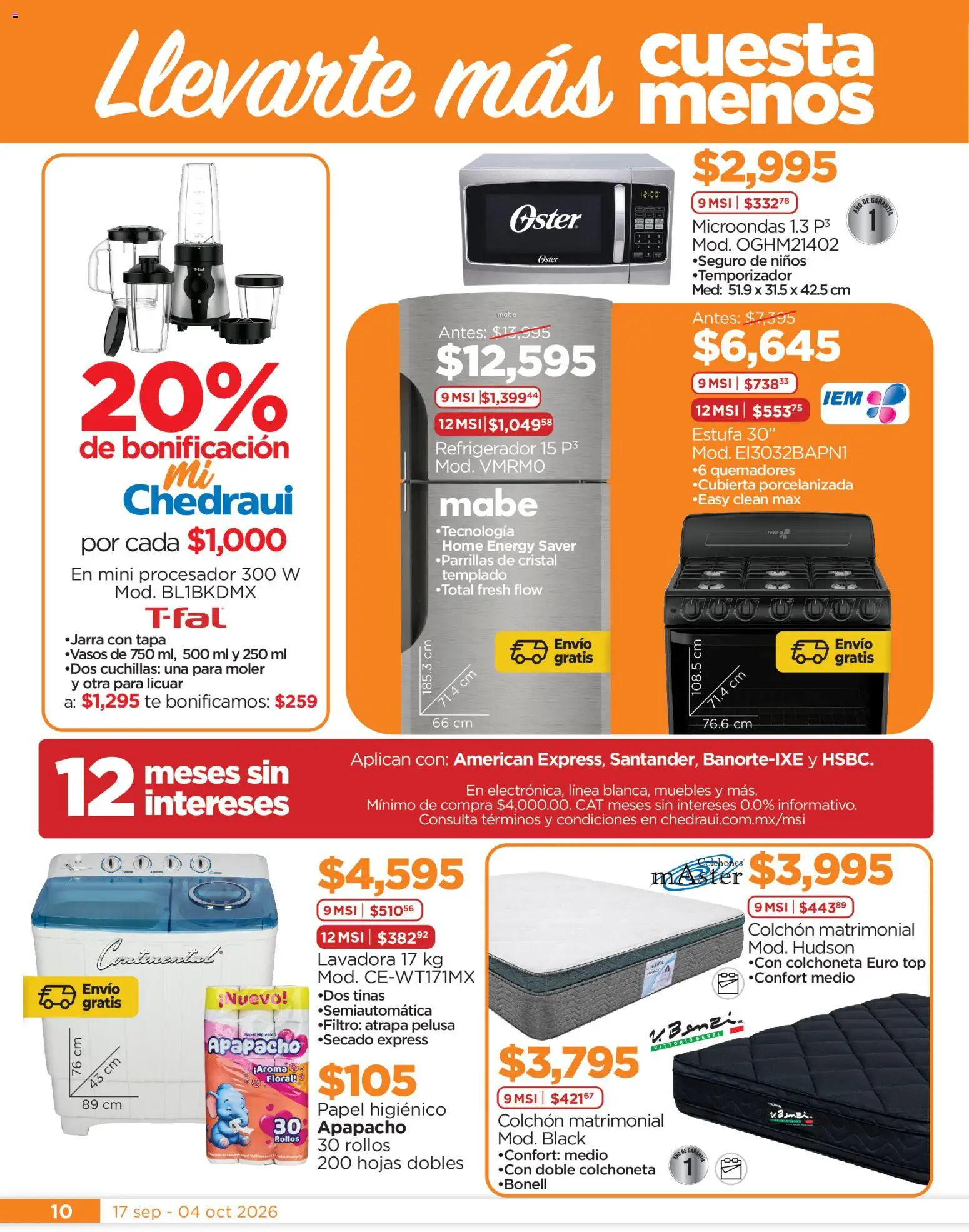 Nuevas ofertas de Chedraui válidas en toda la República Mexicana desde el 17/09/2026. ¡Encuentra las mejores ofertas en Chedraui folleto! | Página: 10 | Productos: Refrigerador, Lavadora, Té, Jarra