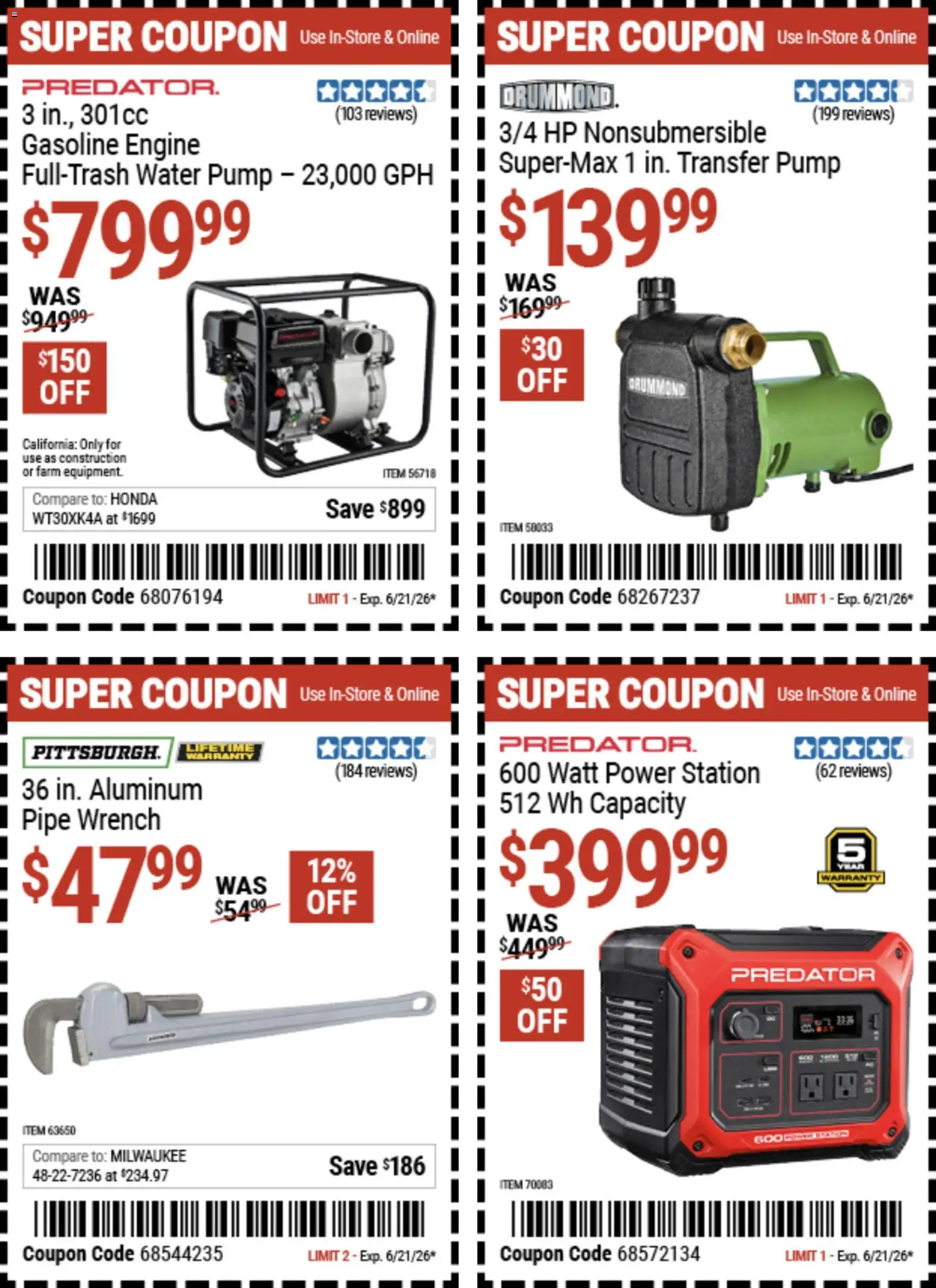 Harbor Freight Weekly Ad - valid from 08.06.2026 | Page: 12 | Products: Pipe, Wrench, Pump, Water