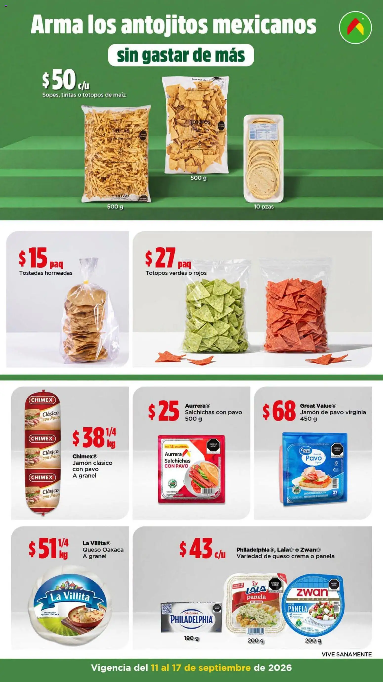 Nuevas ofertas de Bodega Aurrerá válidas en toda la República Mexicana desde el 11/09/2026. ¡Encuentra las mejores ofertas en Bodega Aurrerá folleto Precios más bajo siempre! | Página: 4 | Productos: Queso crema, Crema, Tostadas, Totopos