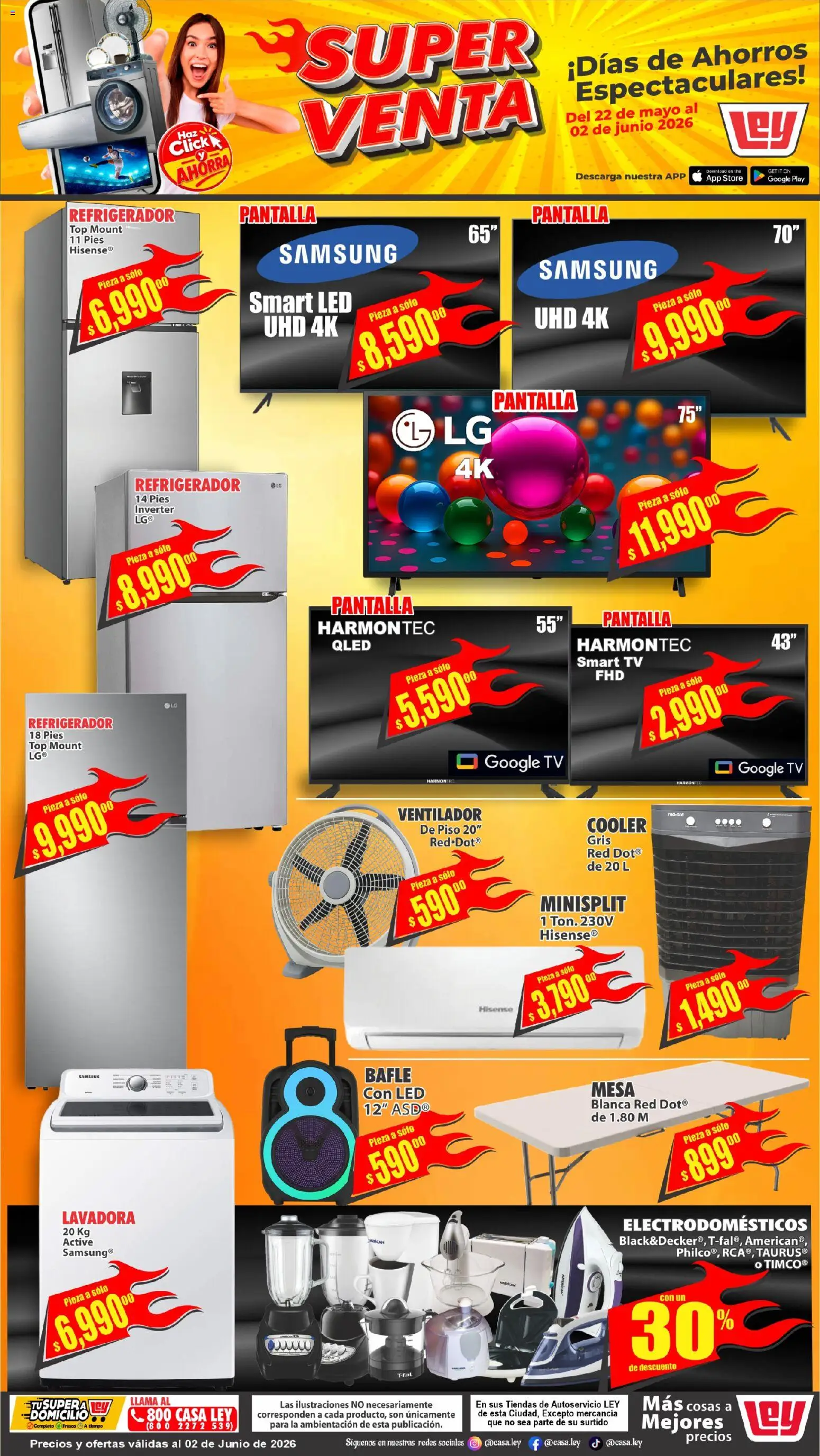 Nuevas ofertas de Casa Ley válidas en toda la República Mexicana desde el 22.05.2026. ¡Encuentra las mejores ofertas en Casa Ley Super Venta! | Página: 1 | Productos: Refrigerador, Lavadora, Top, Mesa