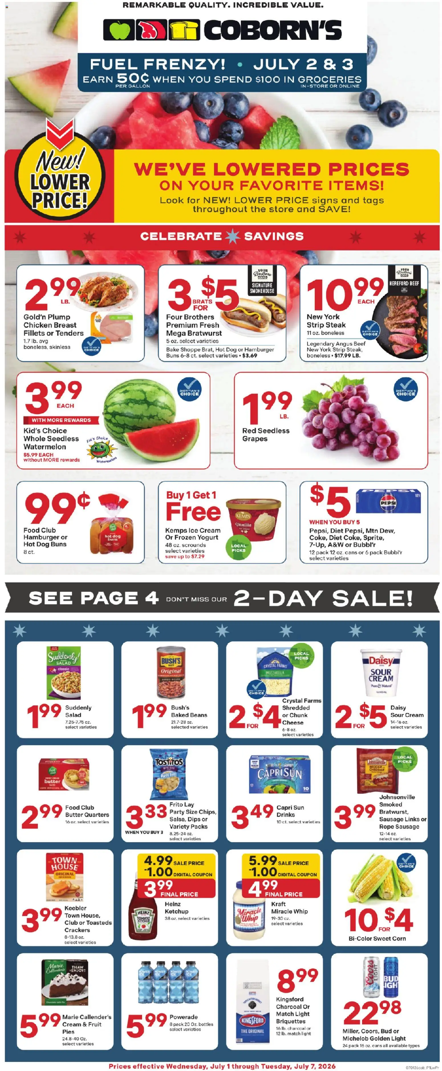 Coborn's Weekly Ad - valid from 07/01/2026 | Page: 1 | Products: Corn, Beef, Chips, Grapes