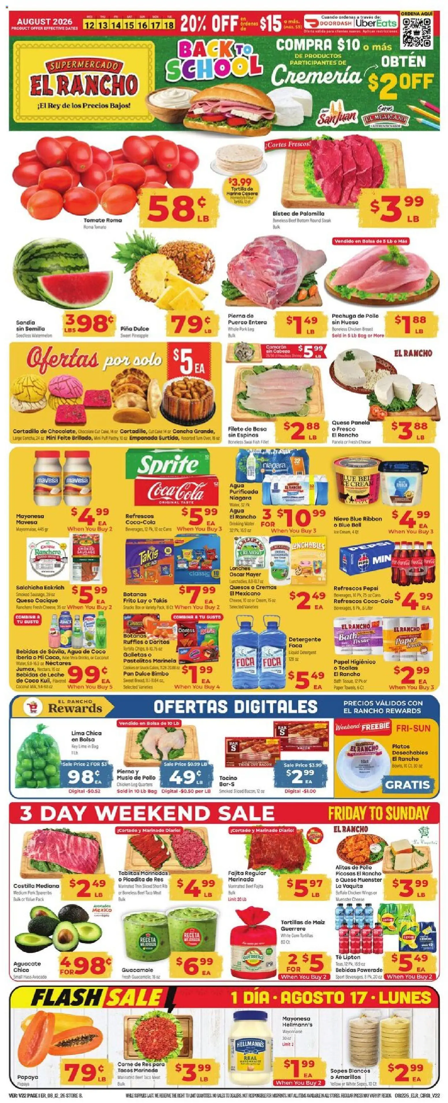 El Rancho Weekly Ad - valid from 08/12/2026 | Page: 1 | Products: Box, Meat, Fish, Snacks