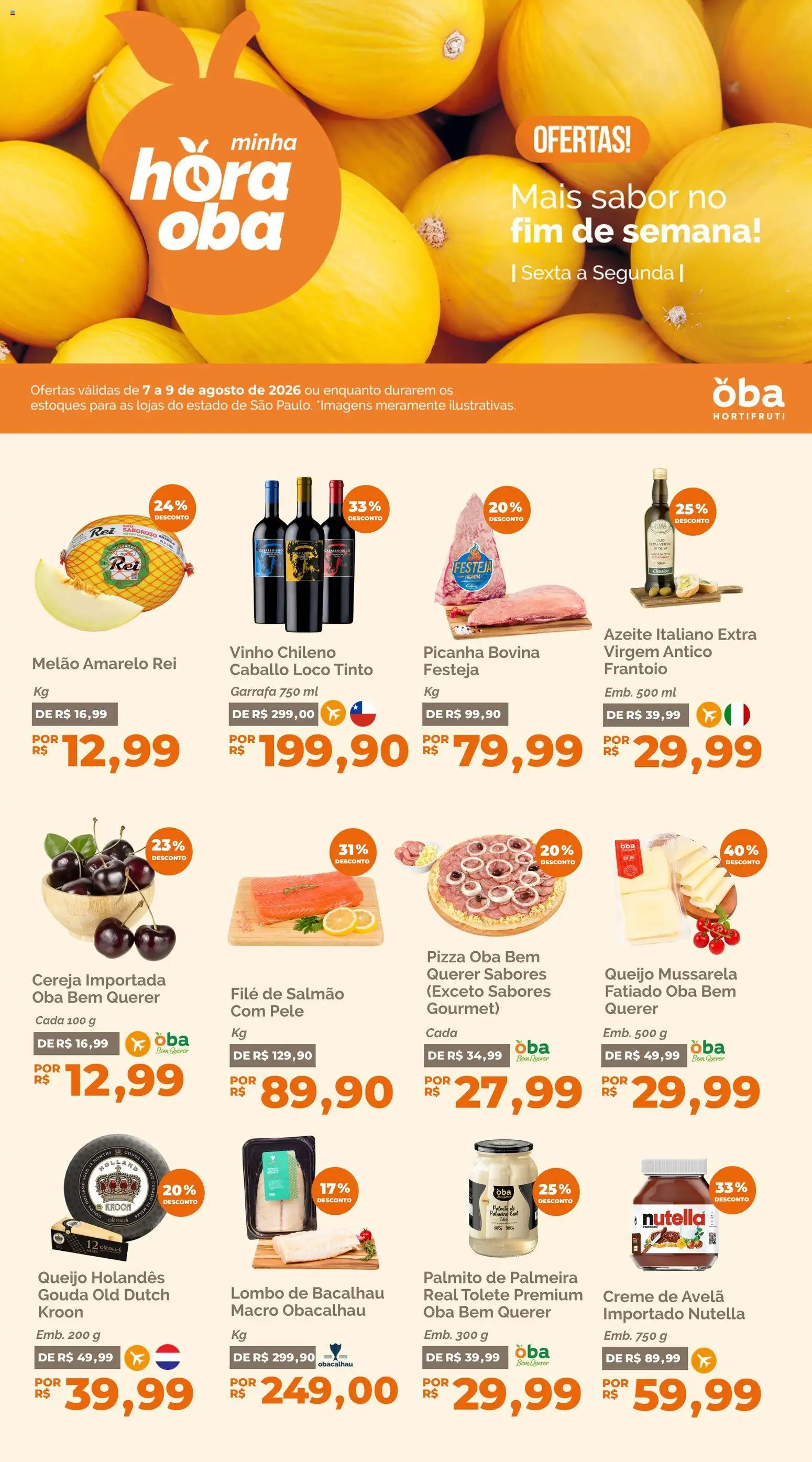 Oba Hortifruti Folheto - válido de 07/08/2026 | Página: 1 | Produtos: Salmão, Bacalhau, Pizza, Nutella