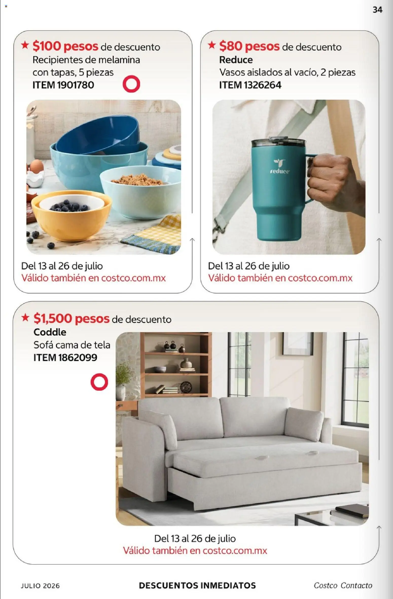 Nuevas ofertas de Costco válidas en toda la República Mexicana desde el 01/07/2026. ¡Encuentra las mejores ofertas en Costco Revista Julio 2026! | Página: 34 | Productos: Sofá, Cama, Vasos