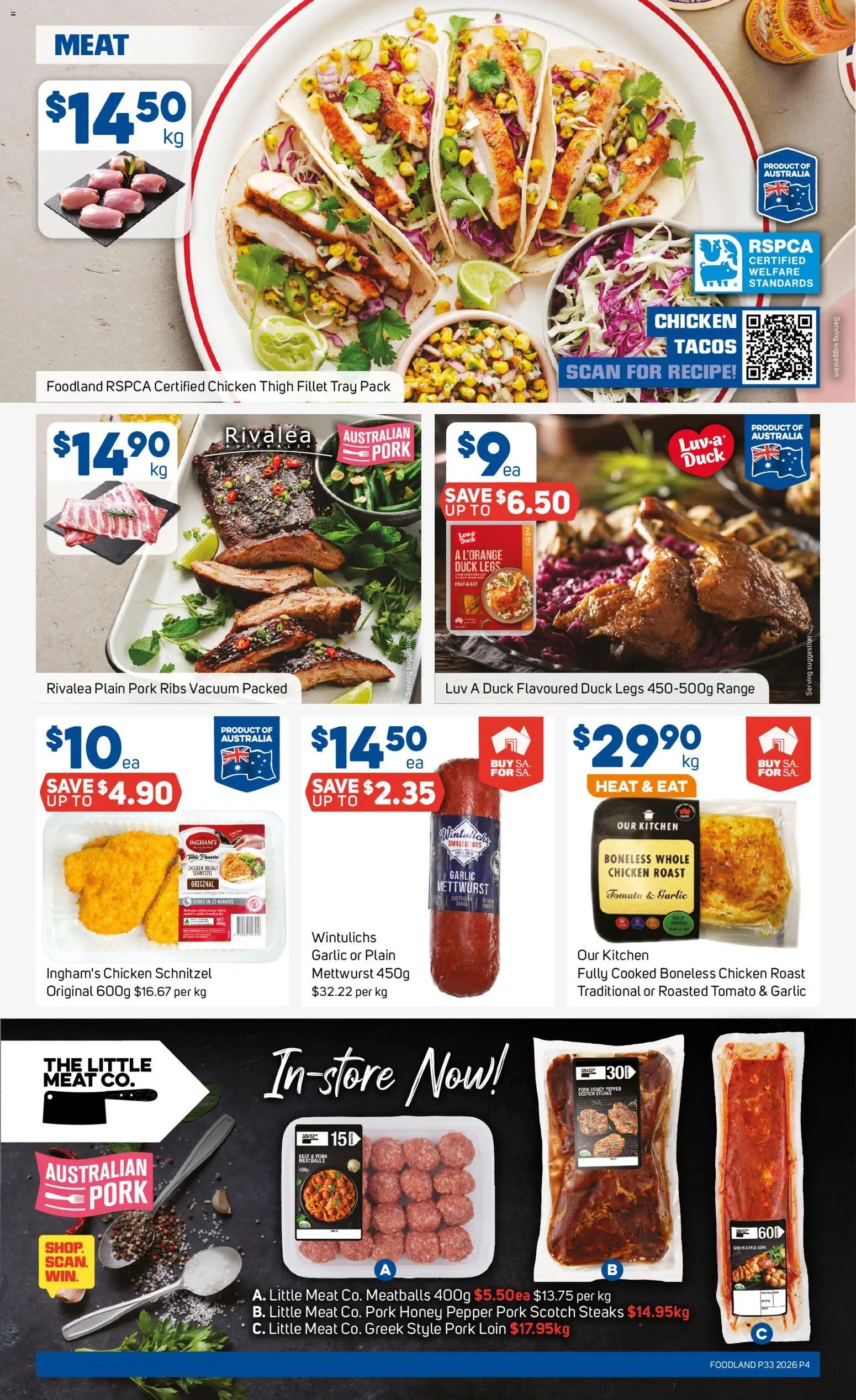 Foodland catalogue - valid from 12/08/2026 | Page: 4 | Products: Pork loin, Duck, Chicken breast, Meat