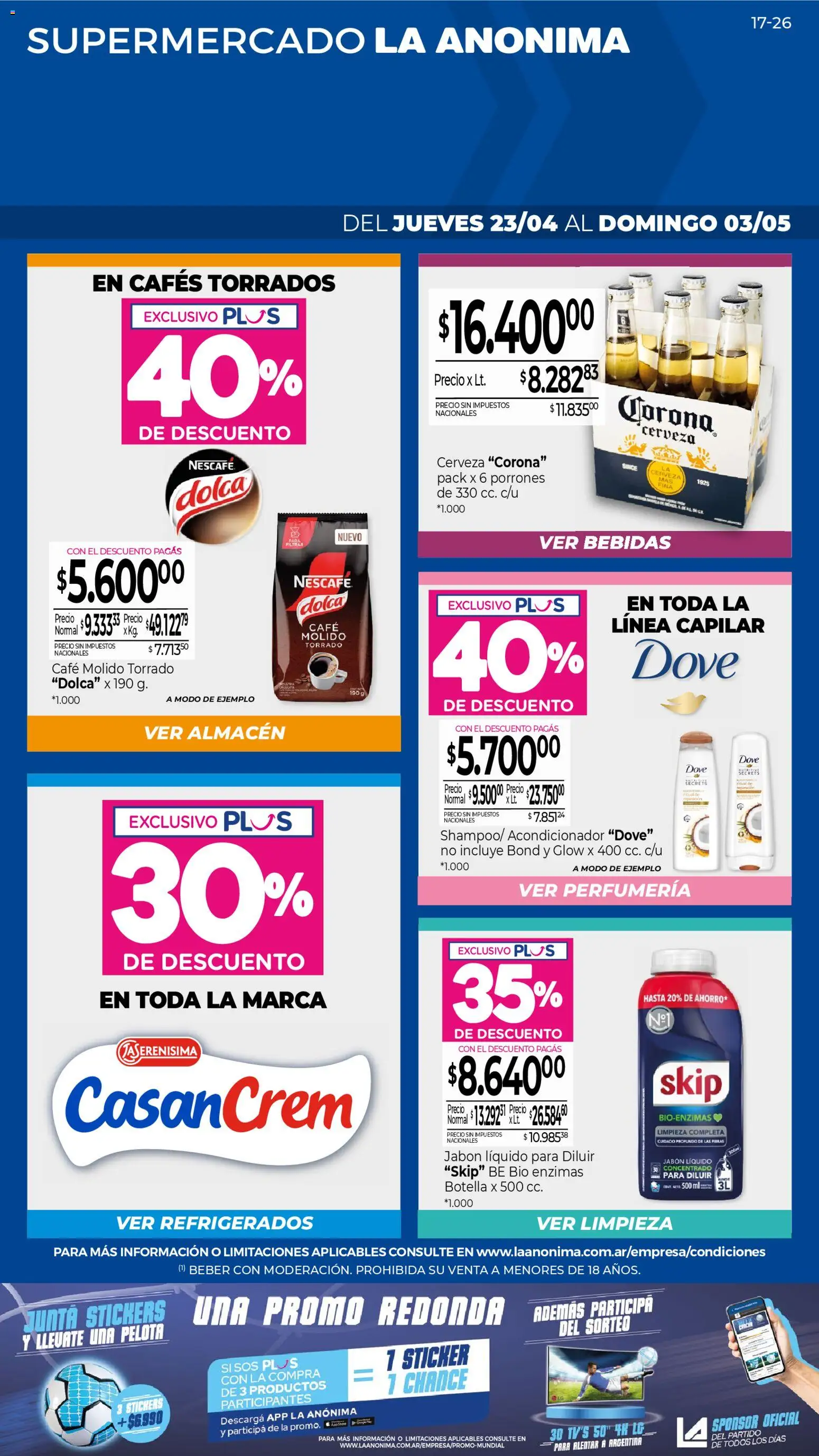 La Anonima catálogo │ válido desde el 23.04.2026 | Página: 1 | Productos: Botella, Jabón, Pelota, Cerveza