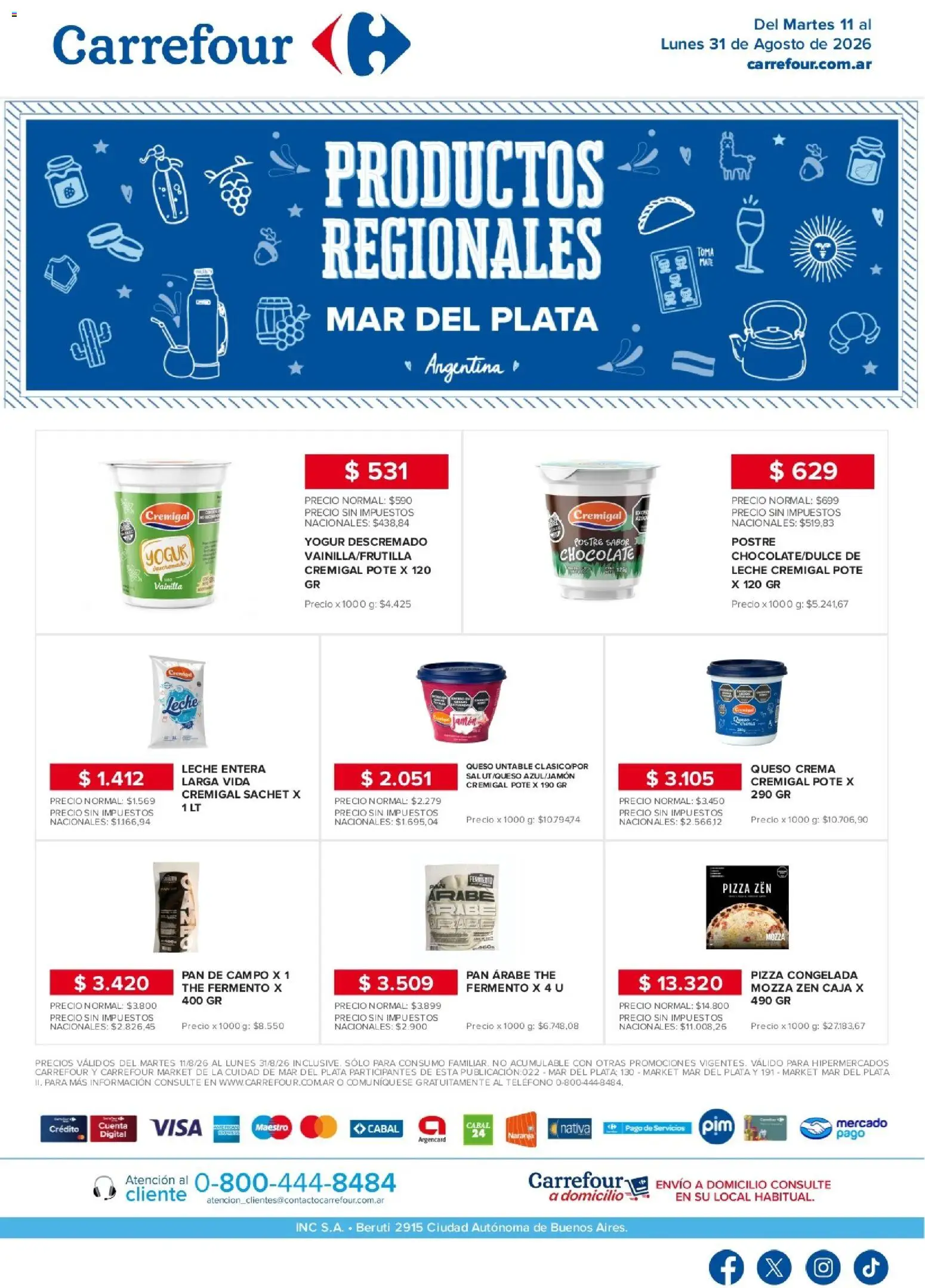 Carrefour - Regionales | Mar del Plata │ válido desde el 11/08/2026 | Página: 1 | Productos: Pizza congelada, Pan de campo, Leche, Chocolate