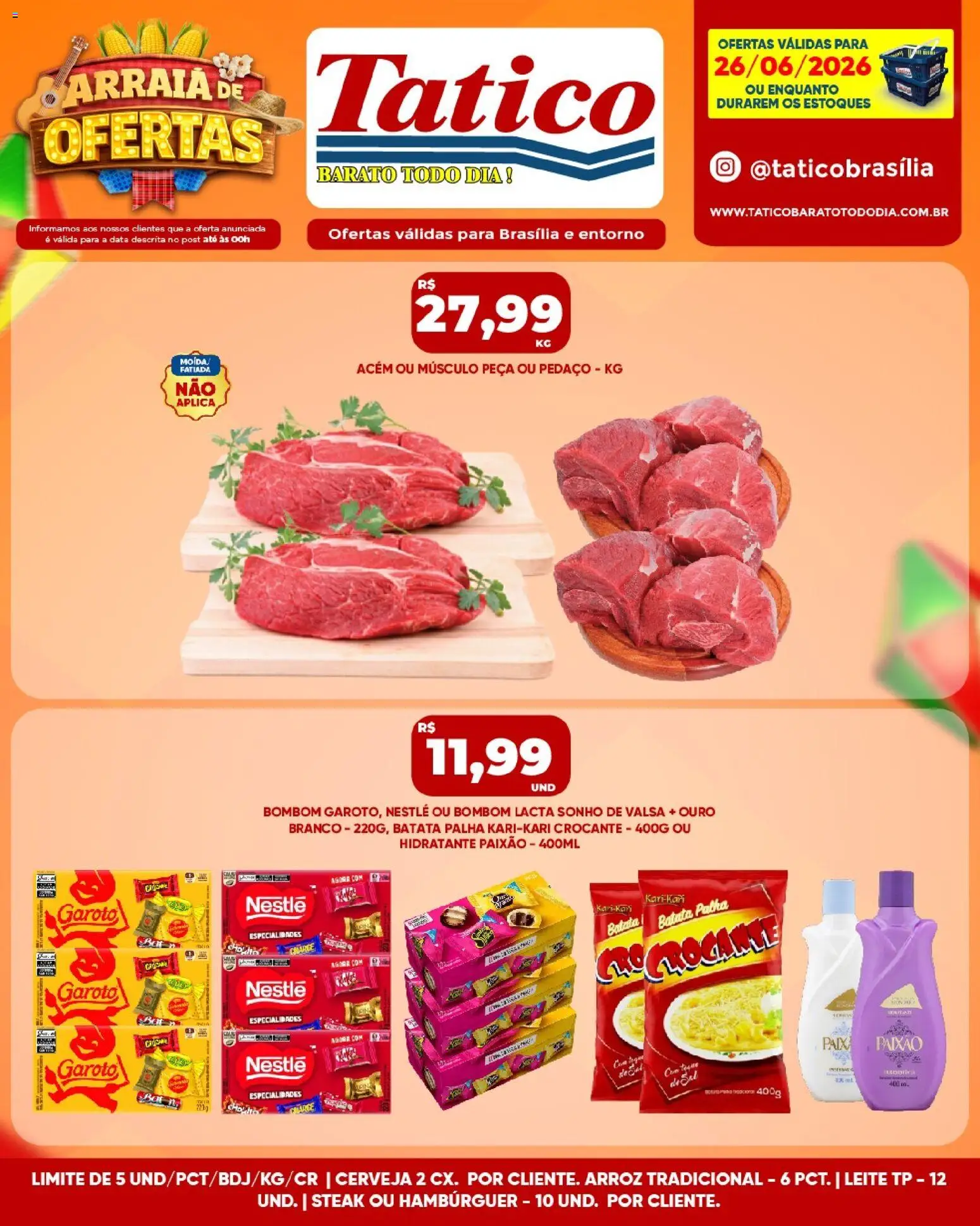 Tatico Folheto - válido de 26/06/2026 | Página: 10 | Produtos: Leite, Hambúrguer, Batata palha, Bombom
