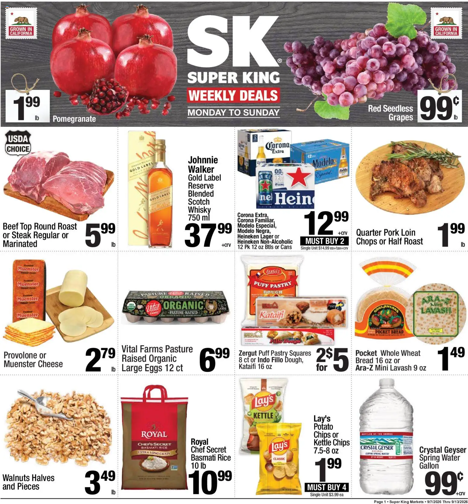 Super King Weekly Ad - valid from 09/07/2026 | Page: 1 | Products: Potato chips, Water, Steak, Kettle
