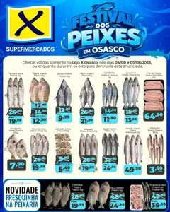 X Supermercados ofertas Festival dos Peixes - Pré-Visualização do folheto da loja X Supermercados, válido de 04/08/2026 | Página: 1 | Produtos: Camarão, Tilápia, Bandeja, Sardinha