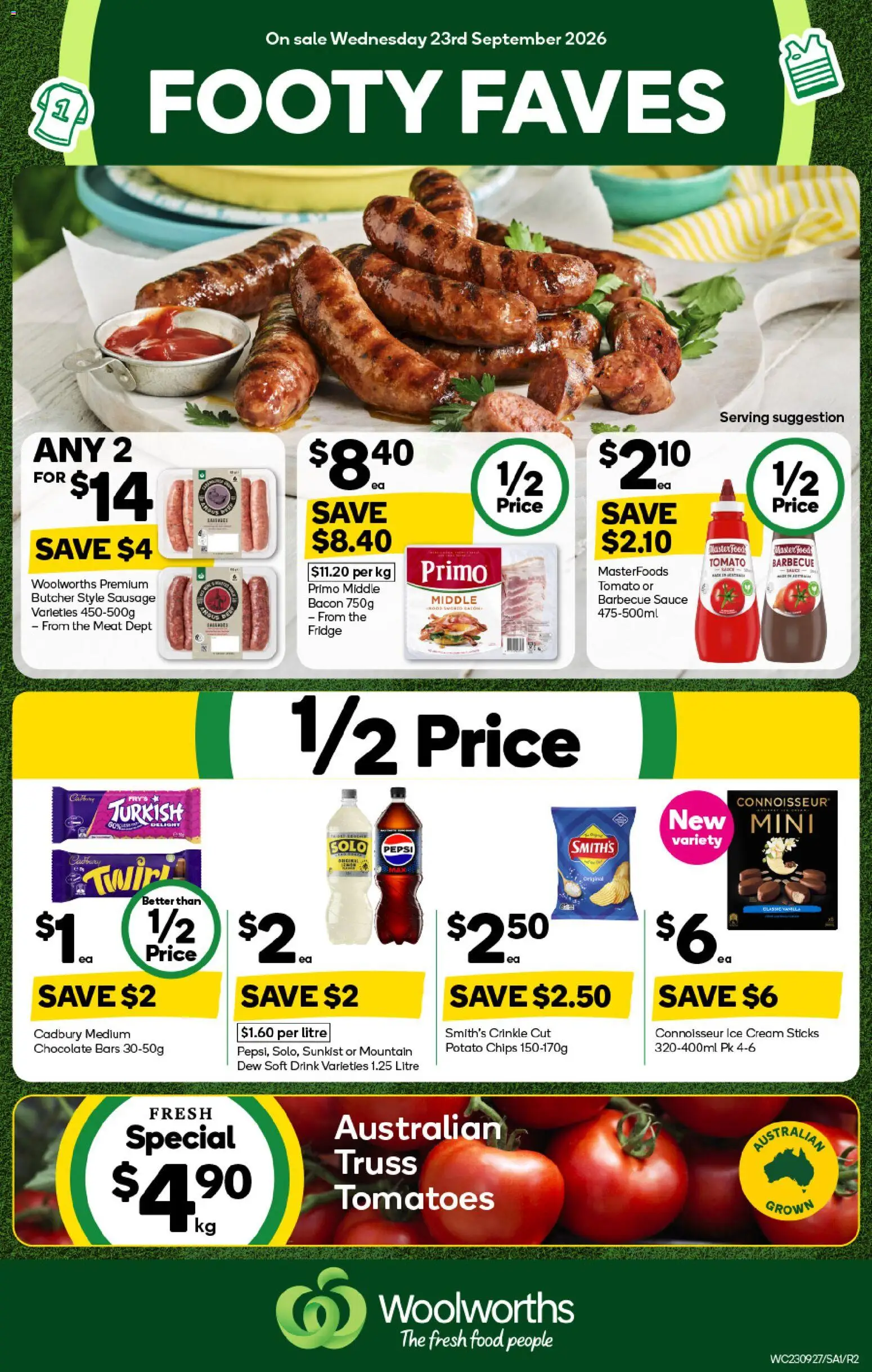 Woolworths catalogue - valid from 23/09/2026 | Page: 1 | Products: Meat, Pepsi, Chips, Sausage