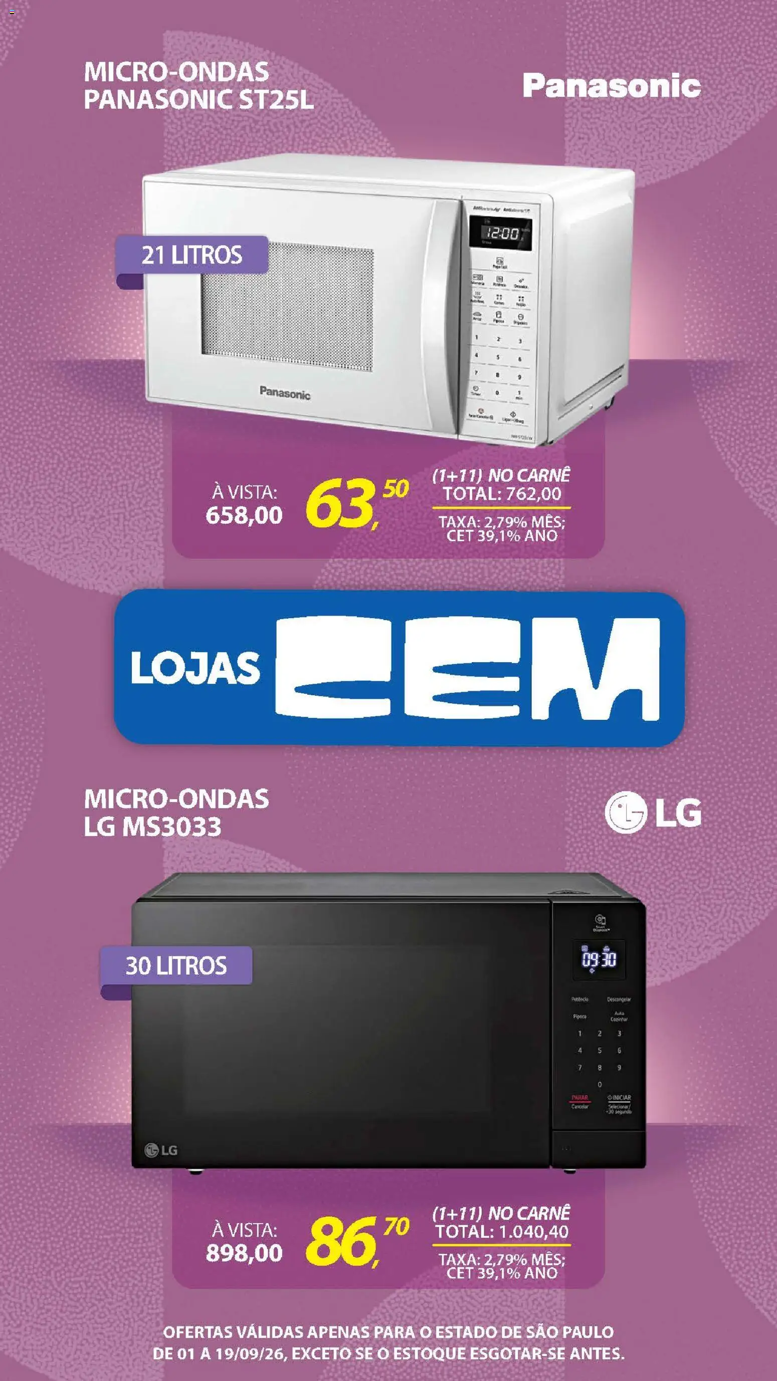 Lojas Cem Folheto - válido de 01/09/2026 | Página: 58 | Produtos: Microondas, Carne