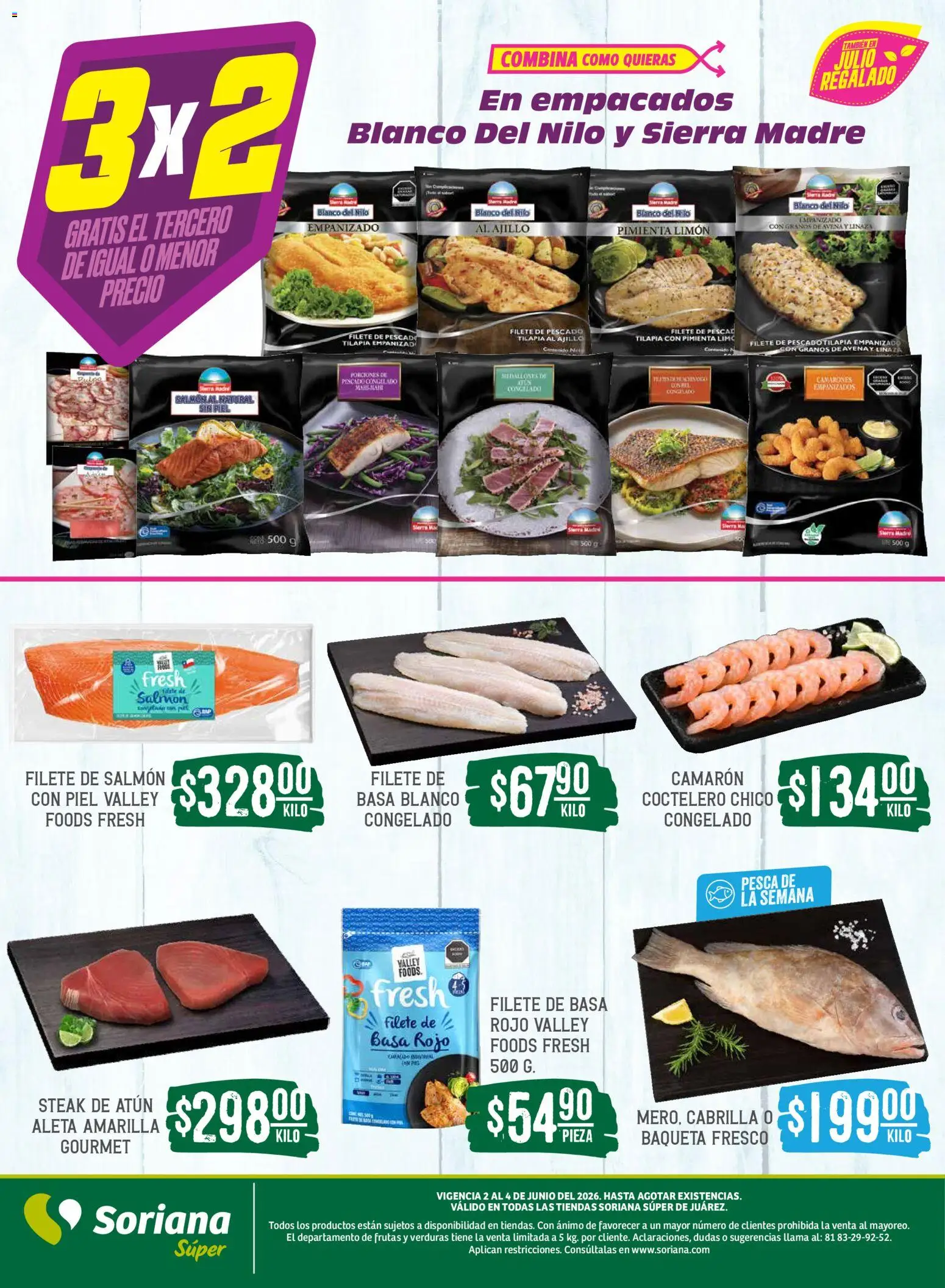 Nuevas ofertas de Soriana válidas en toda la República Mexicana desde el 02.06.2026. ¡Encuentra las mejores ofertas en Soriana Martes y Miércoles del Campo Súper: Juárez! | Página: 4 | Productos: Atún, Pimienta, Limón, Sierra