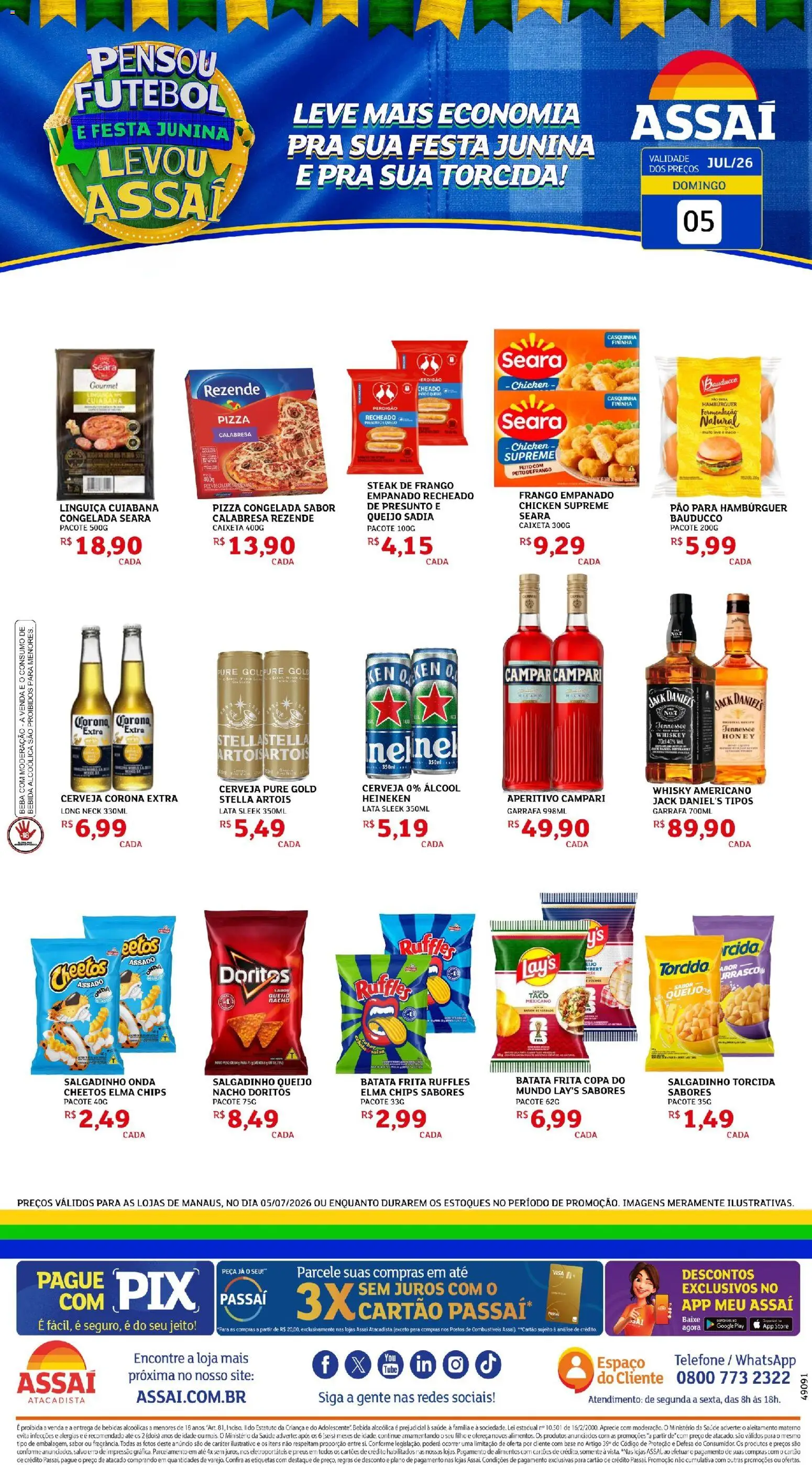 Assaí Atacadista Folheto - válido de 05/07/2026 | Página: 1 | Produtos: Linguiça, Presunto, Cerveja, Hambúrguer
