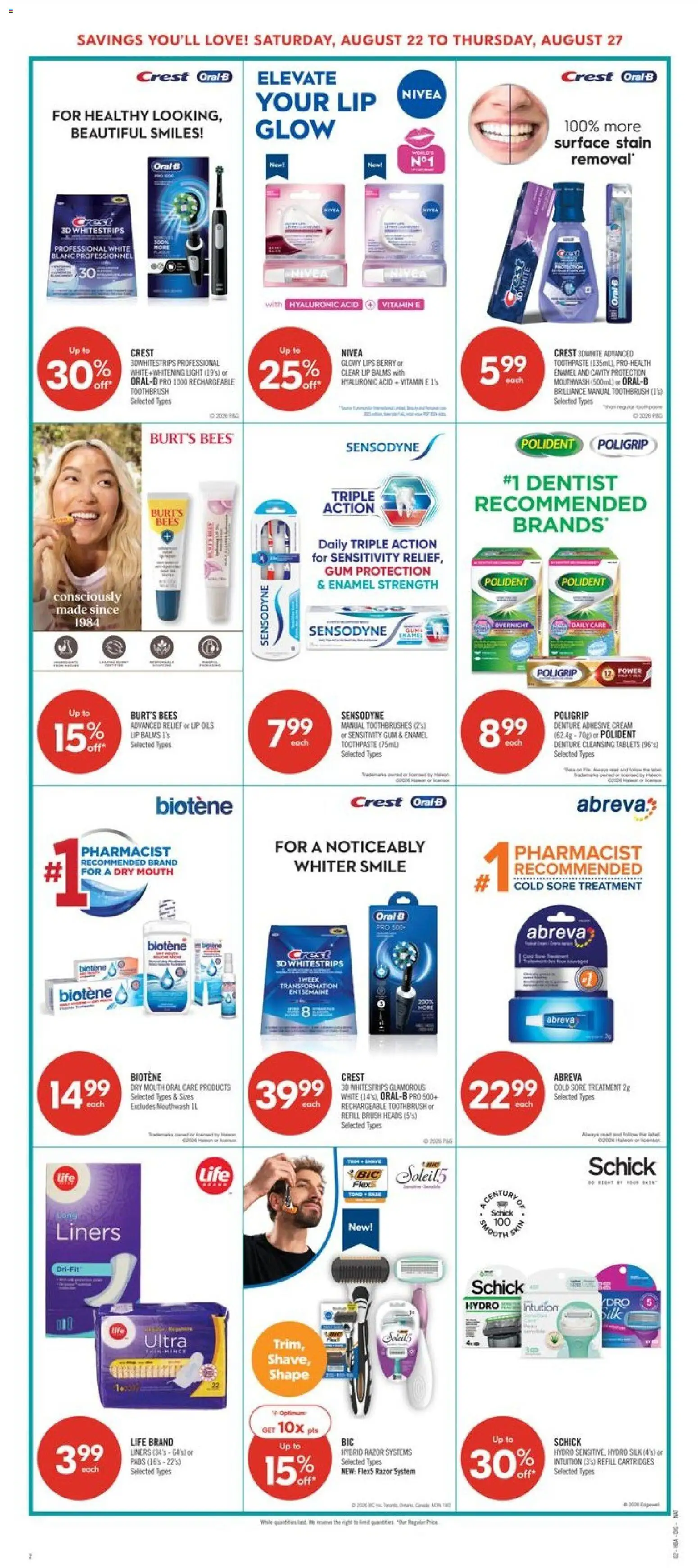 Shoppers flyer valid from Aug 22, 2026 | Page: 12 | Products: Cream, Toothbrush, Brush, Toothpaste