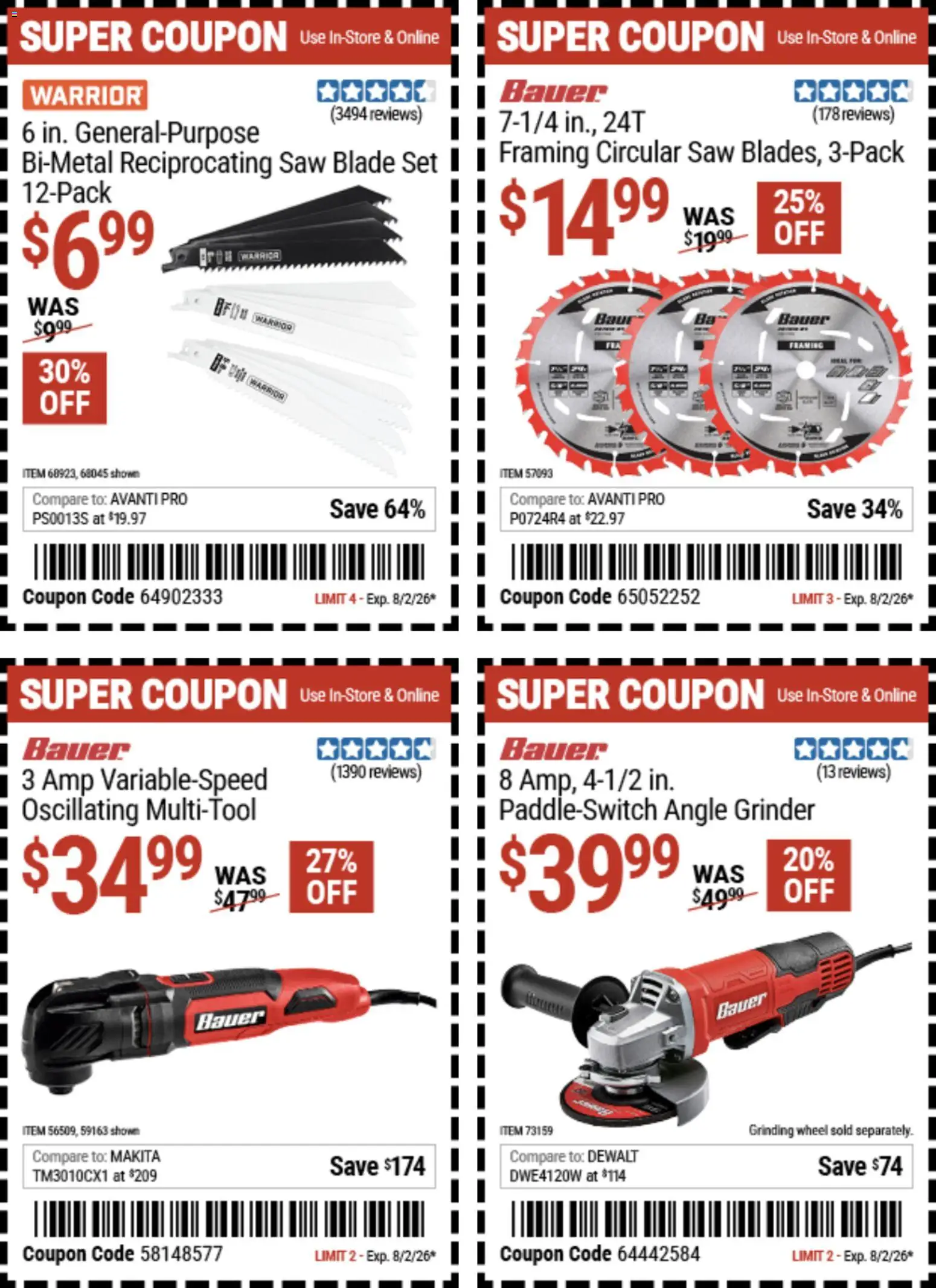 Harbor Freight Weekly Ad - valid from 07/20/2026 | Page: 28 | Products: Saw, Angle Grinder, Reciprocating Saw, Circular Saw