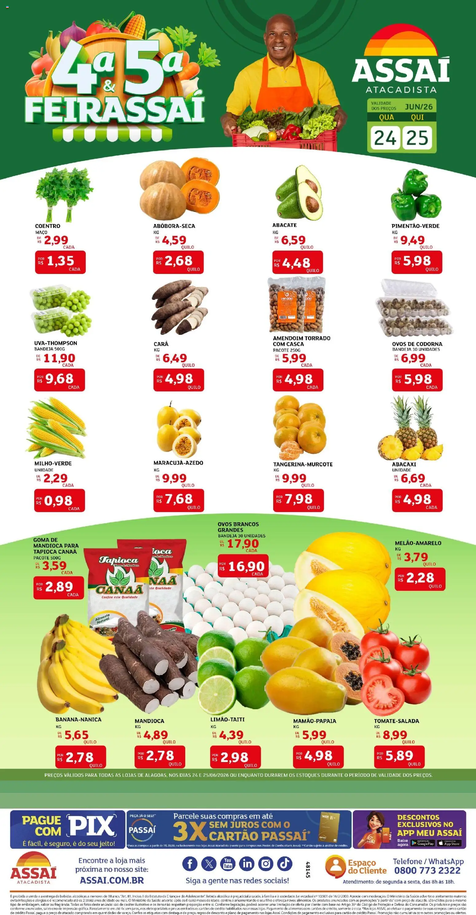 Assaí Atacadista Folheto - válido de 24/06/2026 | Página: 1 | Produtos: Mandioca, Bebida, Bandeja, Telefone